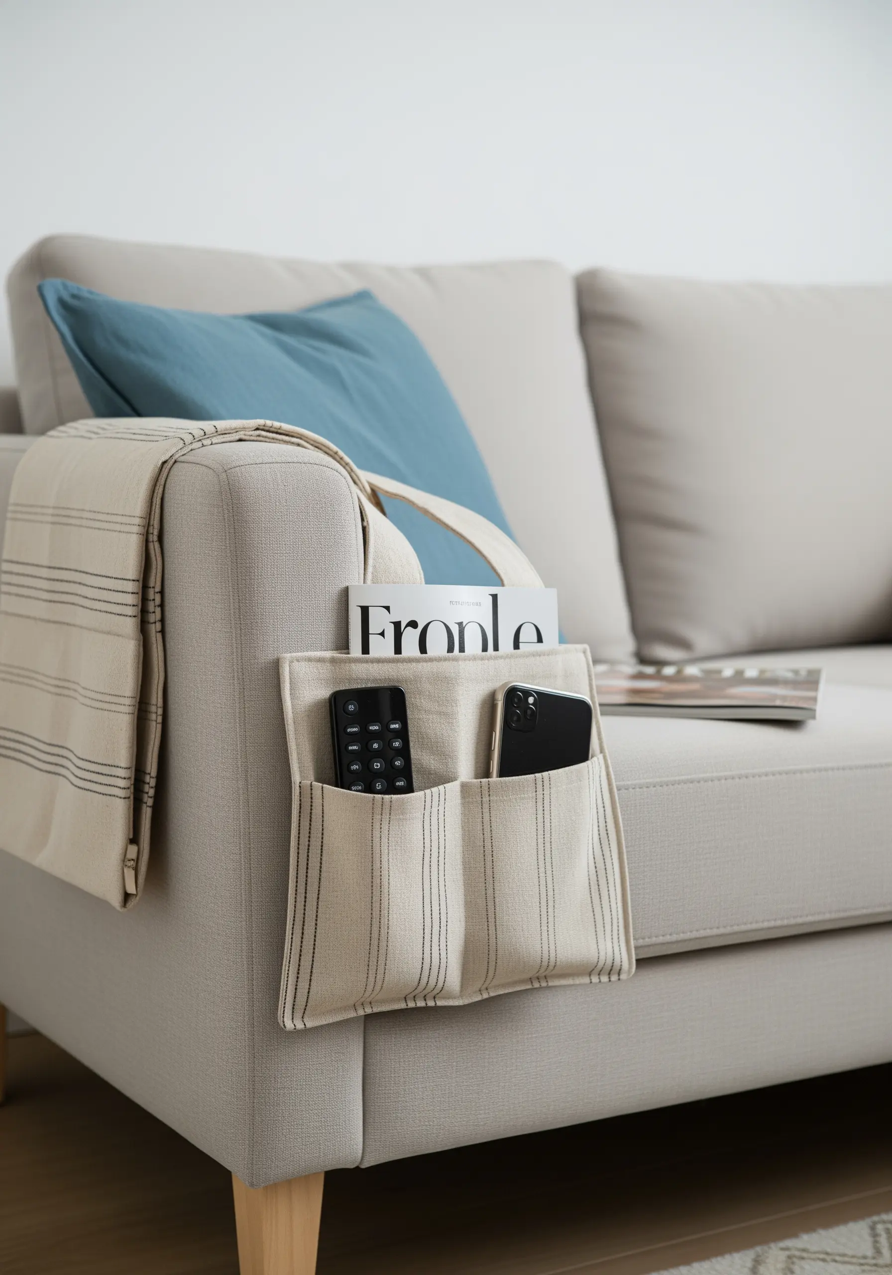 A neutral-striped fabric sofa caddy with minimalist running stitch embroidery along the pockets