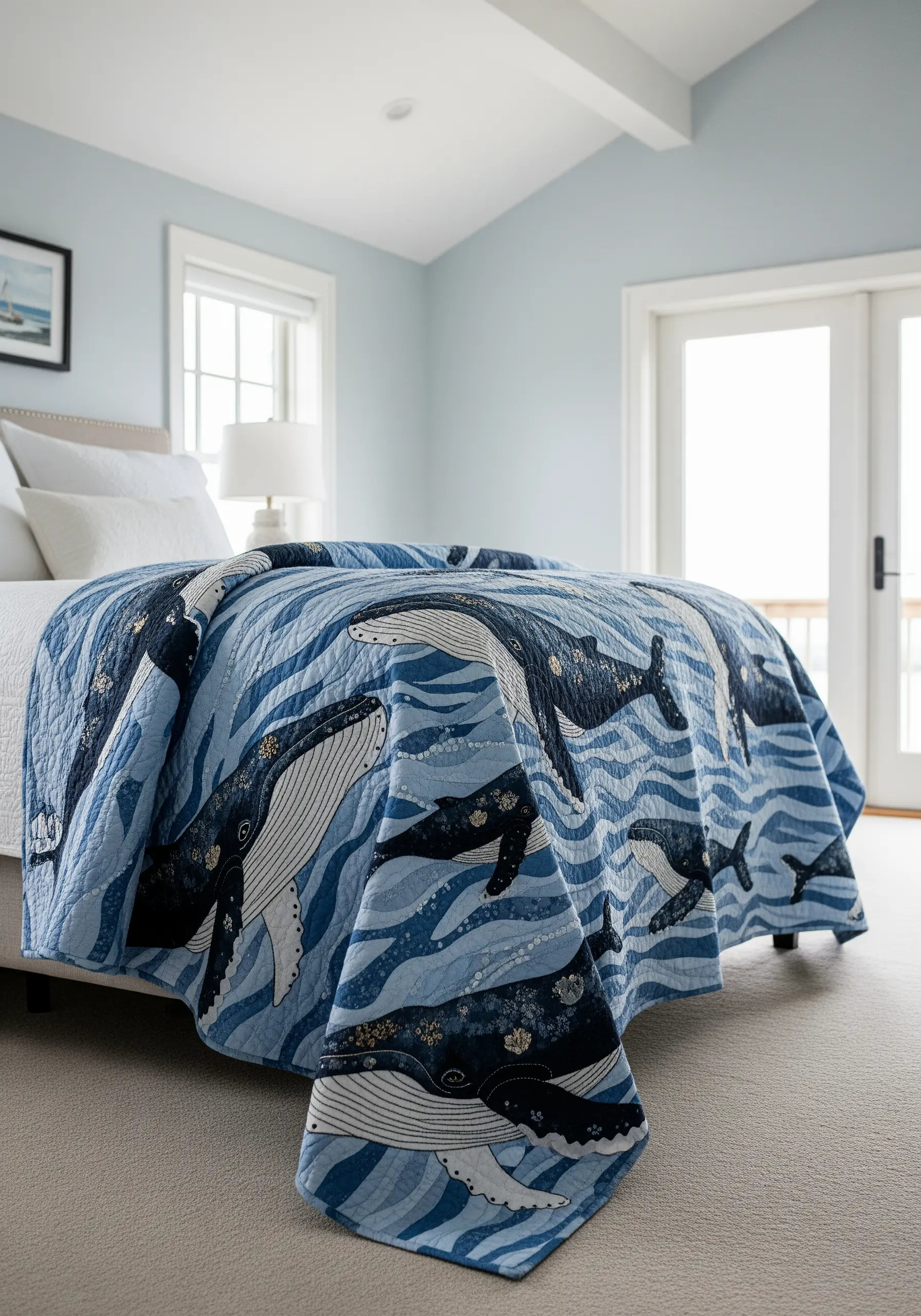 A blue and white patterned quilt with large whale motifs and embroidered details.