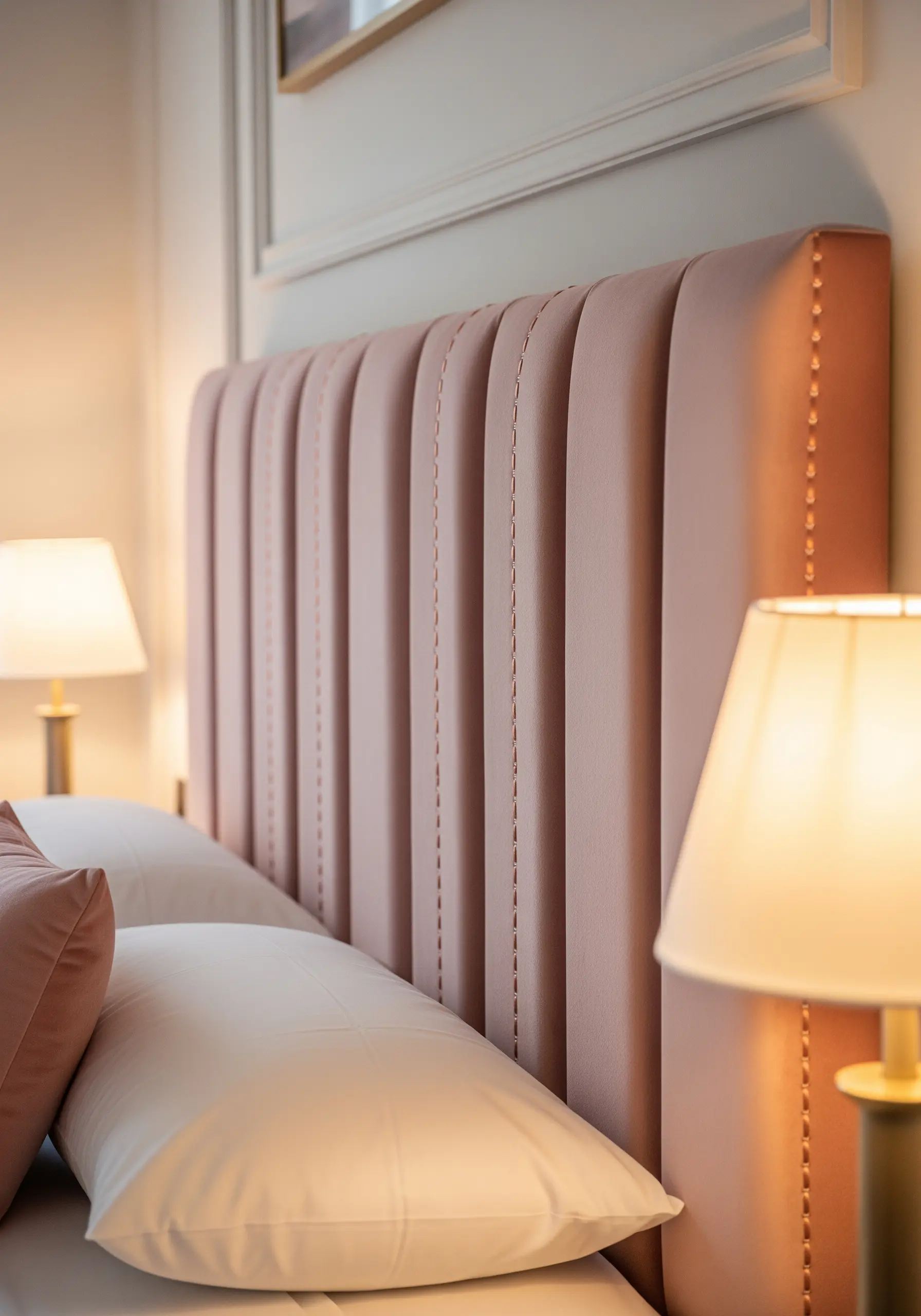 A pink channel-tufted headboard with a darker pink running stitch down each channel.