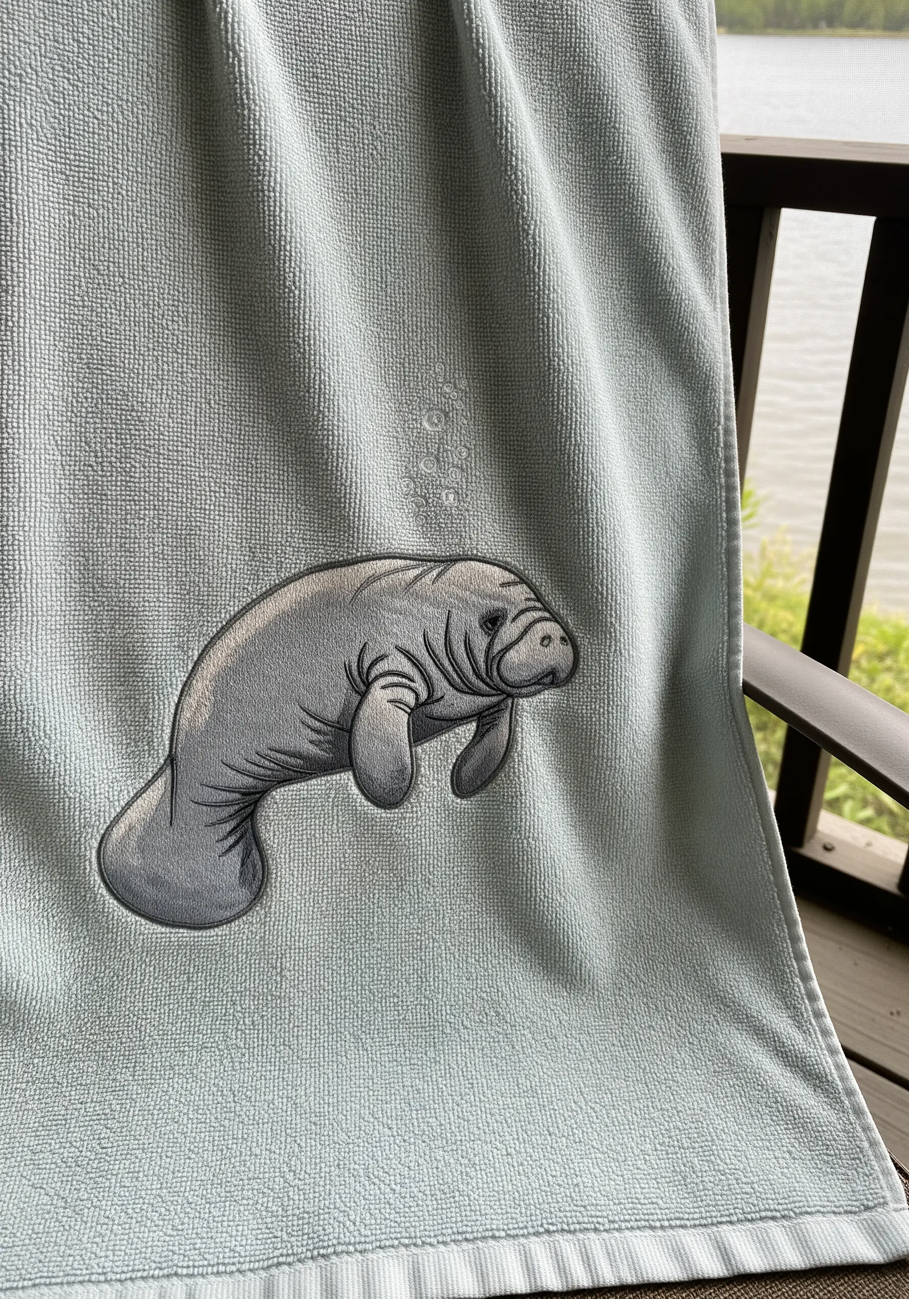 A grey manatee embroidered on a light blue-grey towel, demonstrating a tone-on-tone effect.