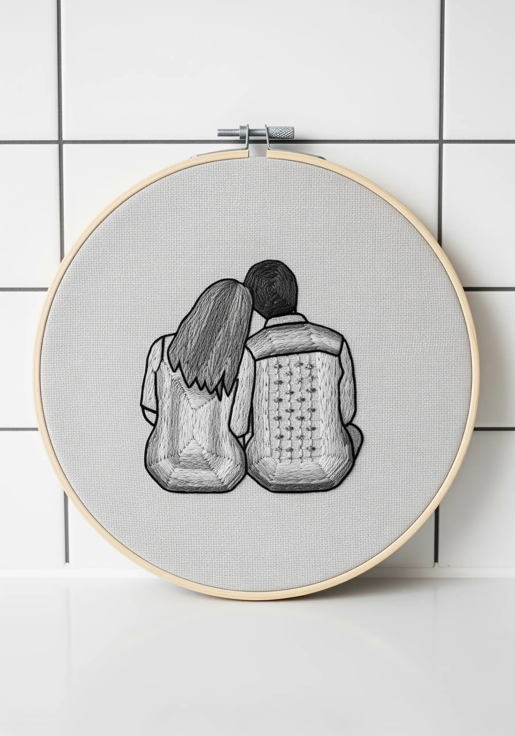 A couple seen from behind, stitched in shades of grey and black to create depth.