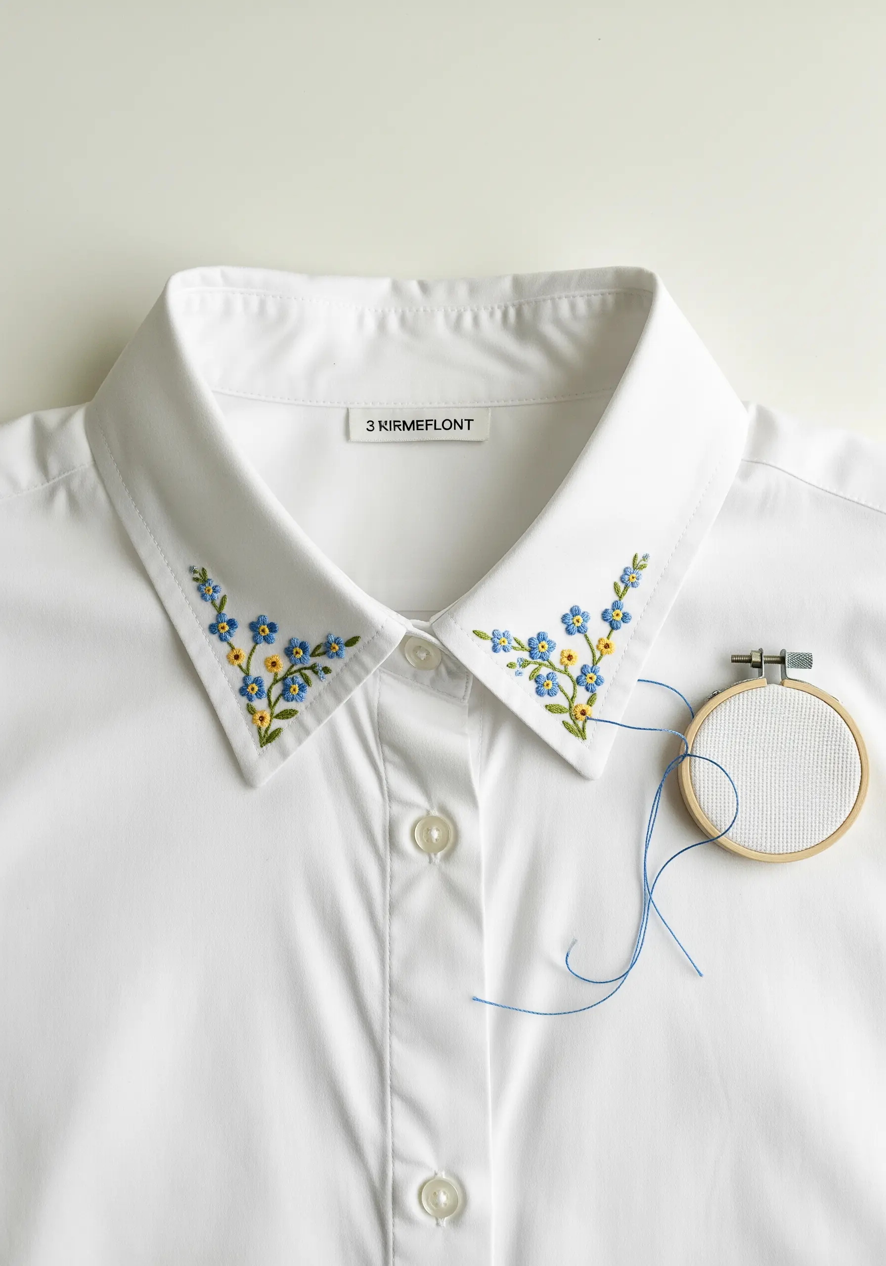 Delicate blue and yellow forget-me-nots embroidered on the collar of a crisp white shirt.