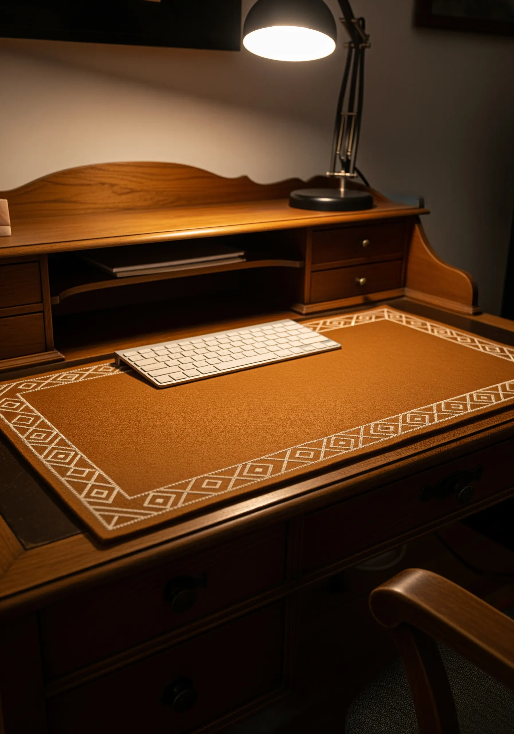 A brown leather desk blotter with a white geometric border stitched around the edge.