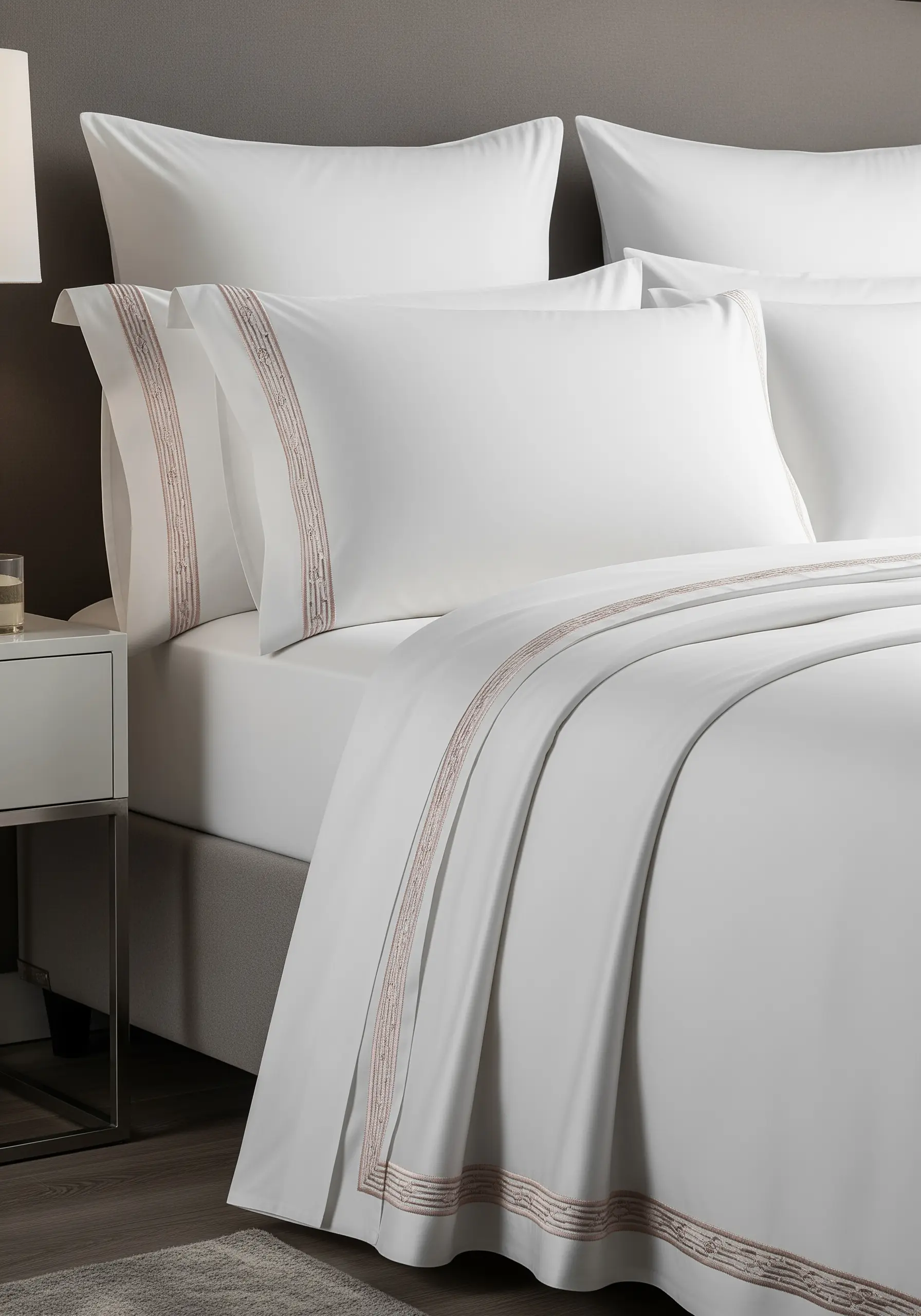 Crisp white bed linens with an elegant, embroidered border in a soft pink gradient.