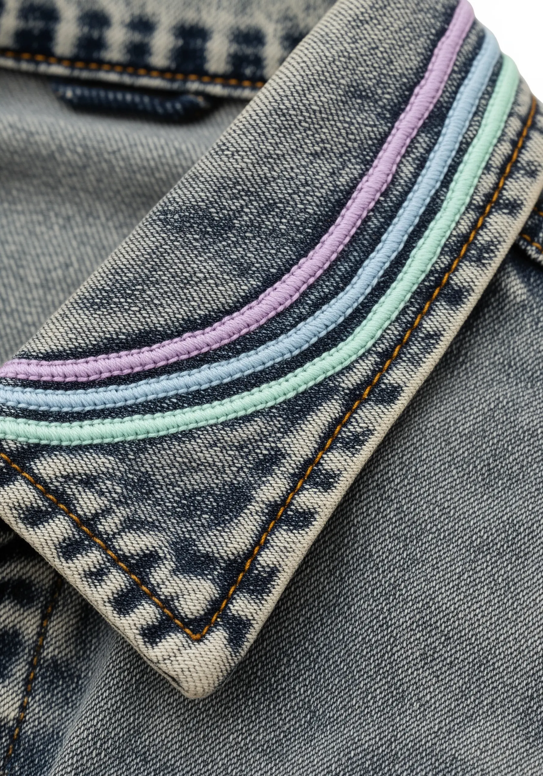 Subtle pastel purple, blue, and green satin stitch arcs embroidered on a denim collar.