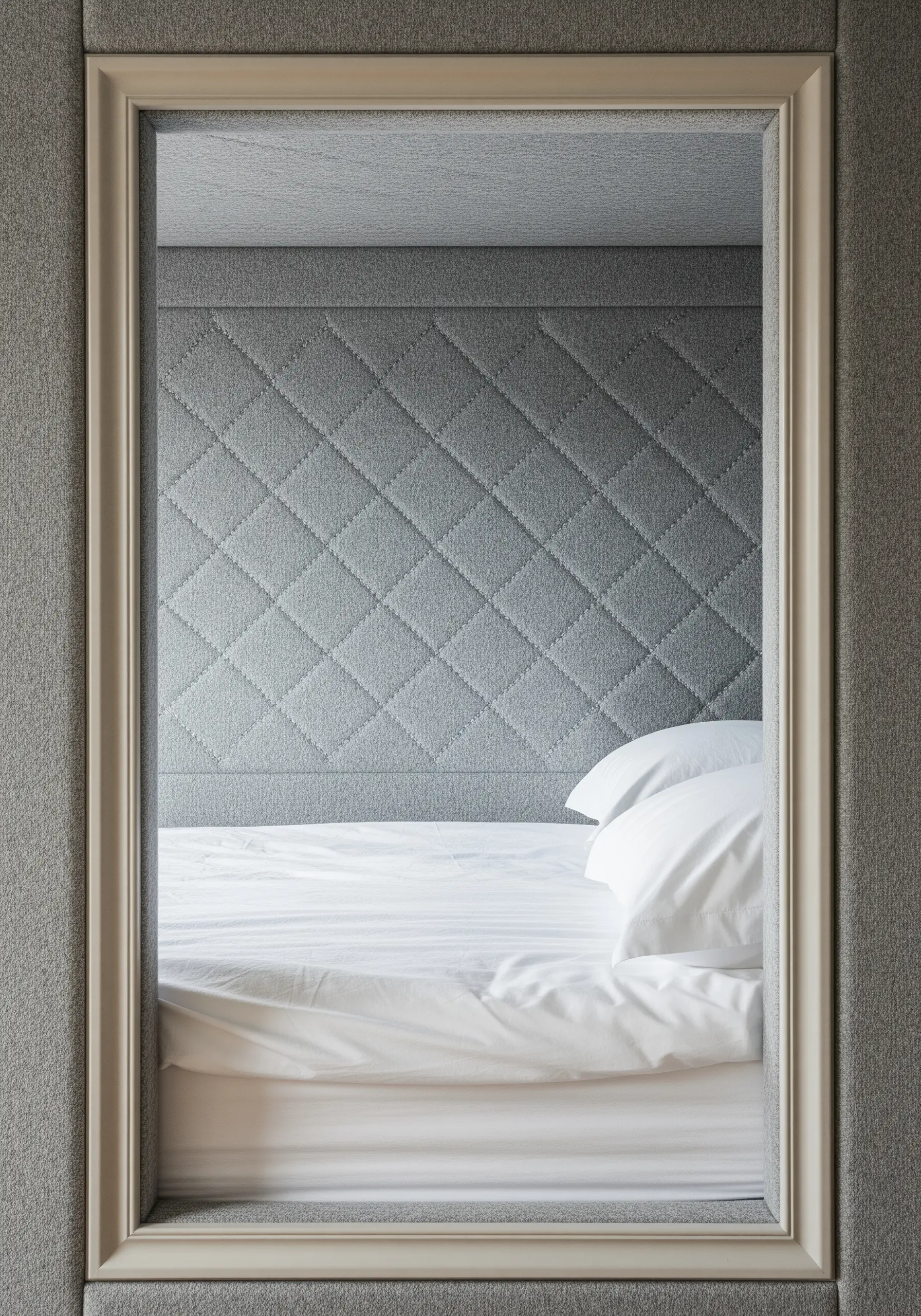 A close-up of a grey, fabric-covered wall with a machine-stitched diamond quilting pattern.