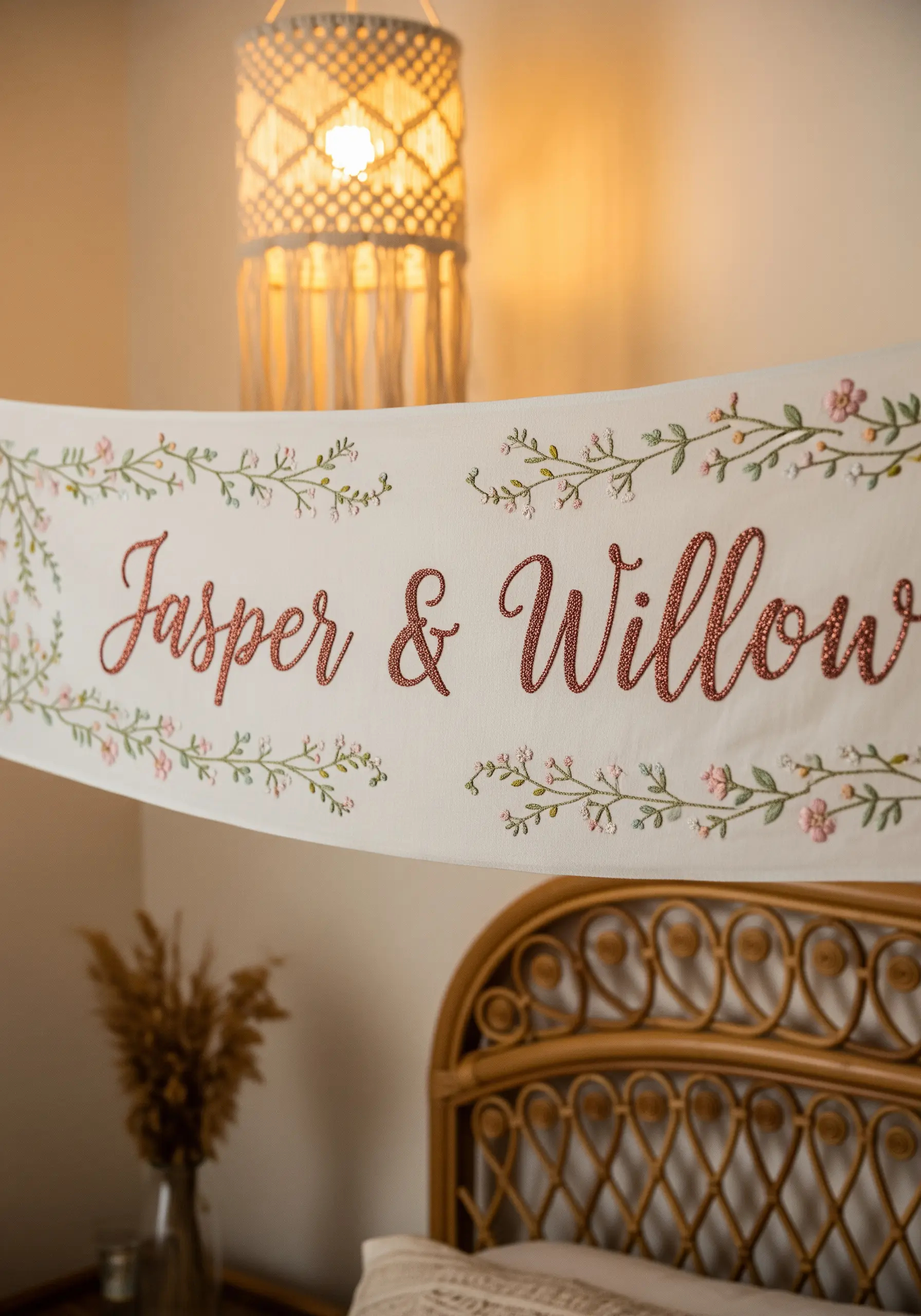 Names embroidered in sparkling thread on a banner with delicate floral borders.