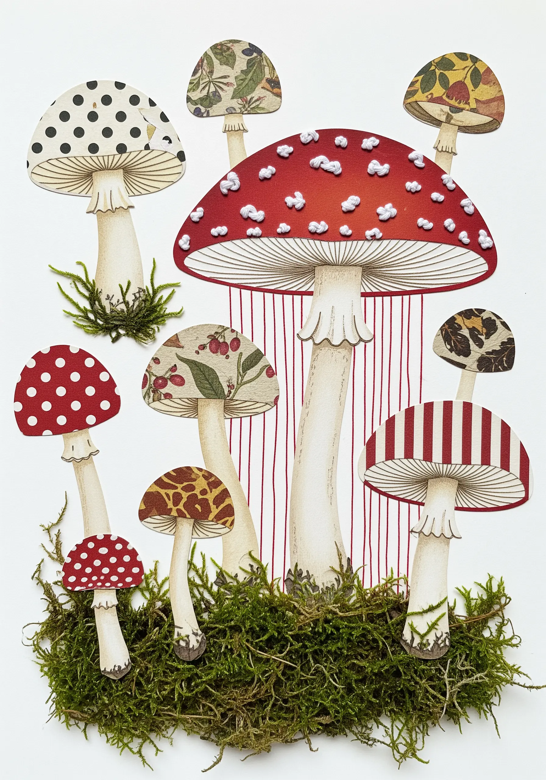 A collage of mushrooms with patterned paper caps, embellished with French knots and simple stitches.