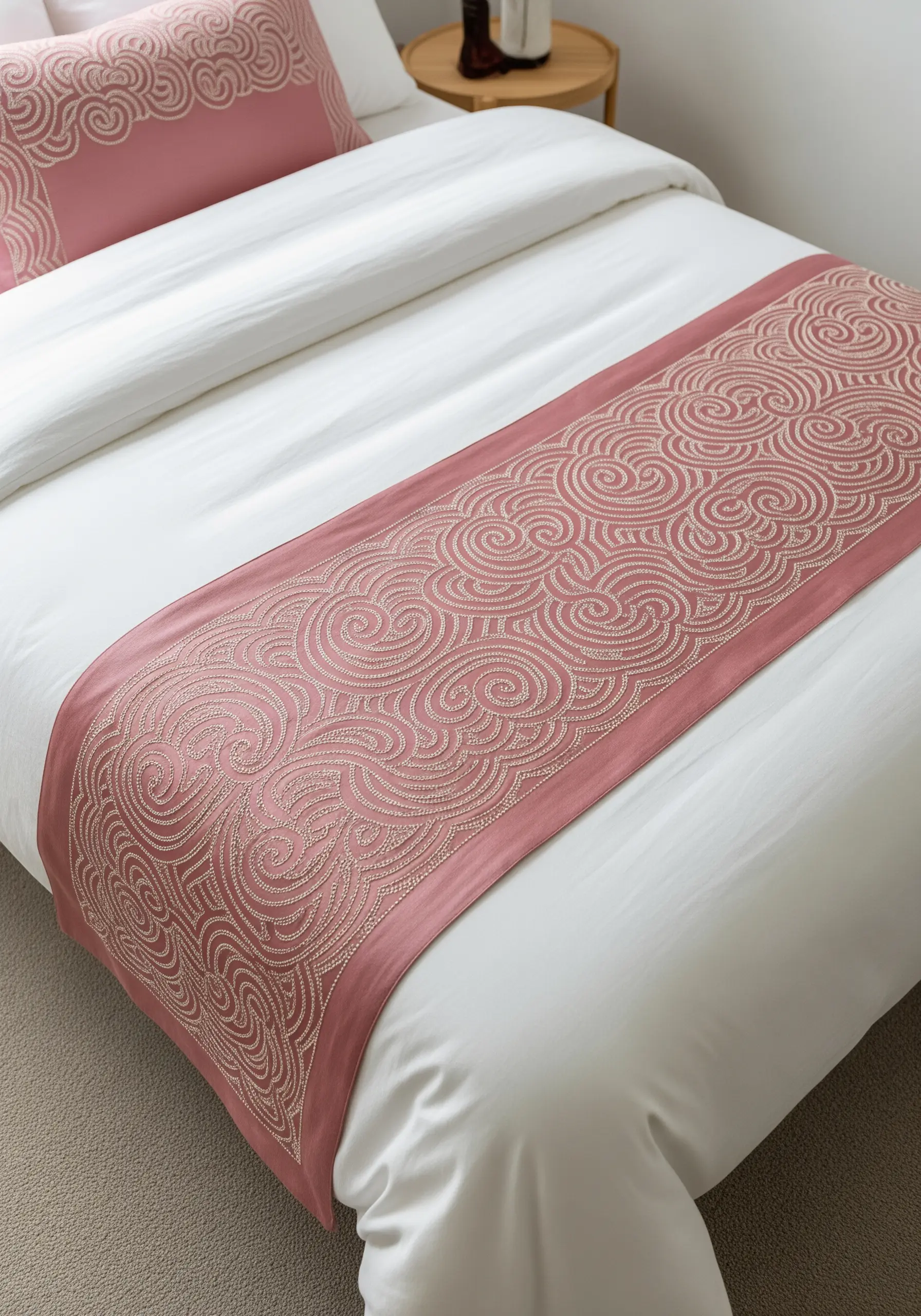 A dusty rose bed runner with an intricate tone-on-tone swirl embroidery pattern.