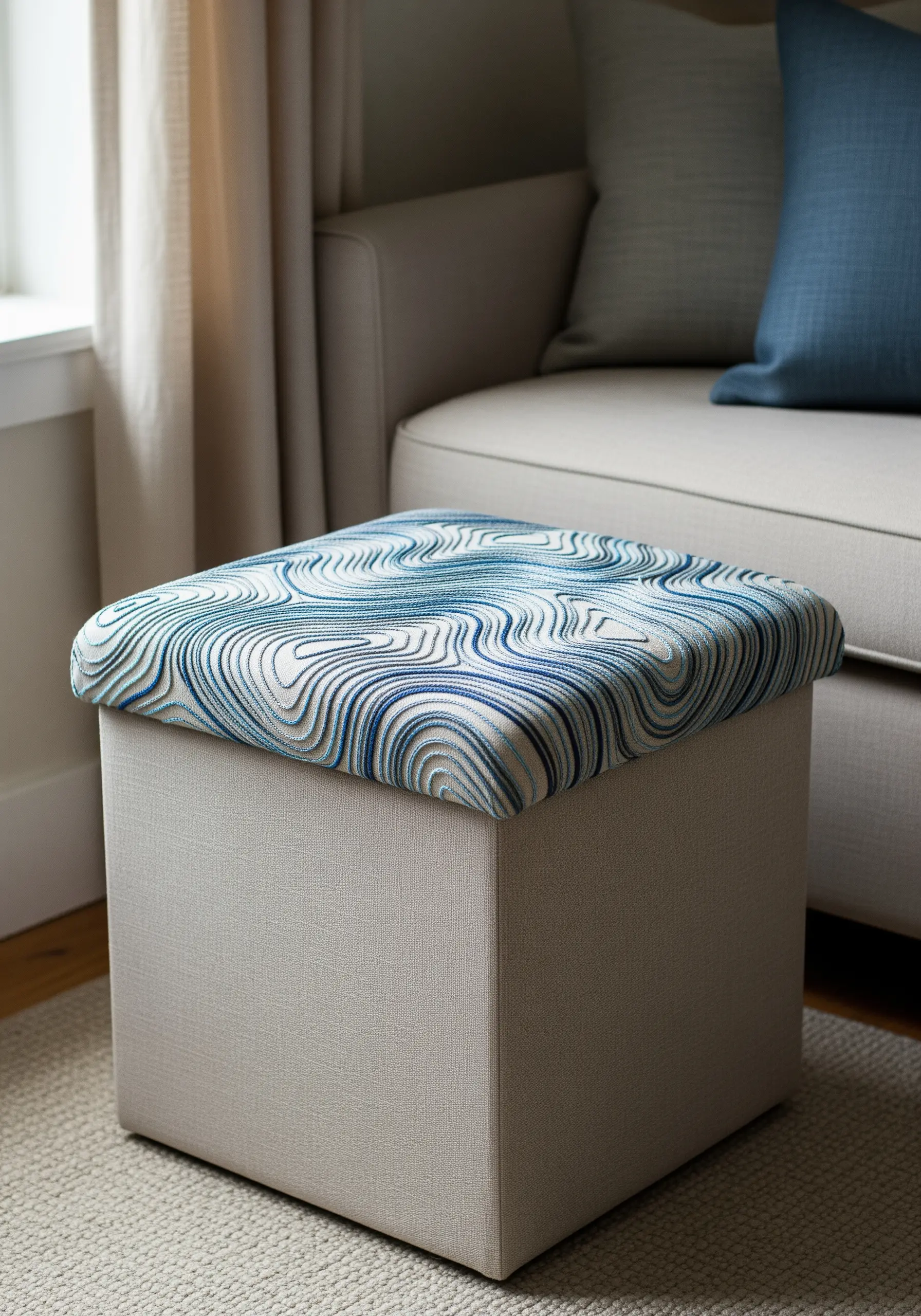 A square ottoman with an embroidered top featuring a swirling, topographic-style wave pattern