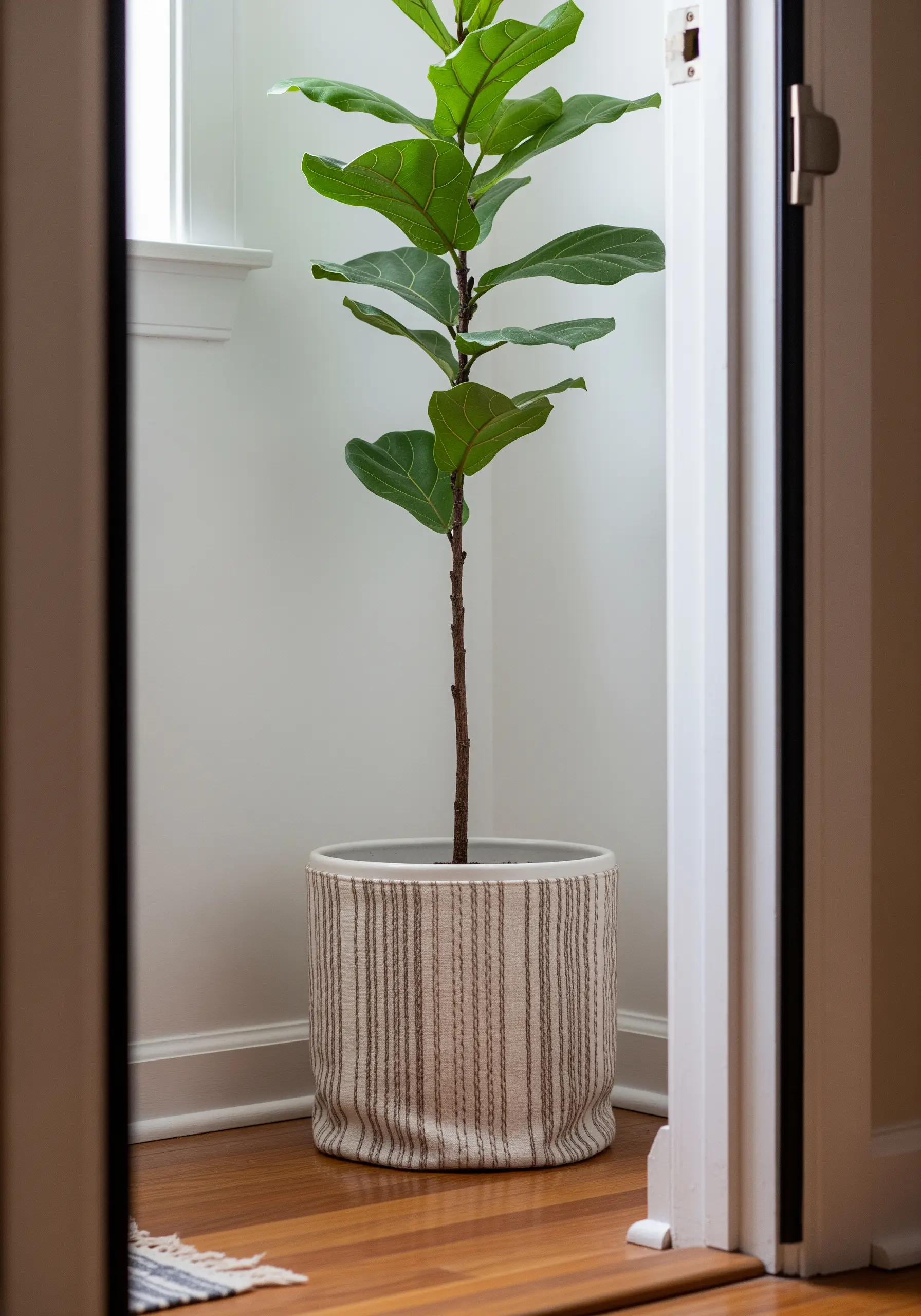 A fabric plant pot decorated with vertical rows of running stitches in a darker thread