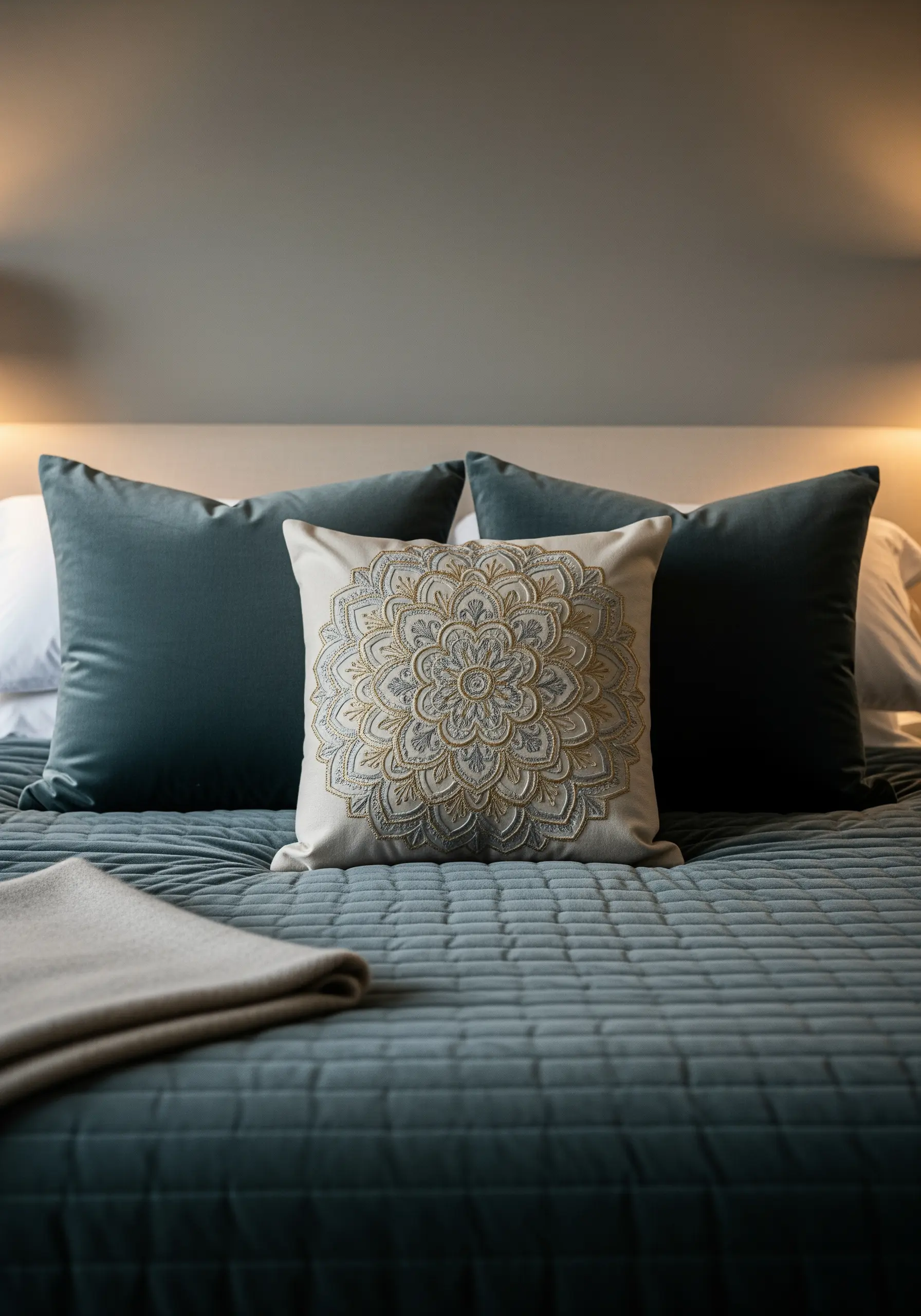 Intricate mandala on a pillow with beige and soft gold metallic threads.