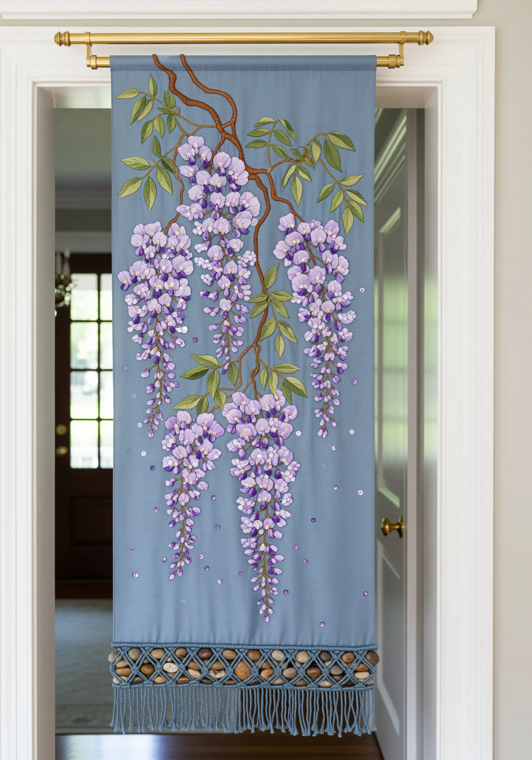 Embroidered wisteria wall hanging on blue fabric with sparse sequins and a heavy stone-beaded fringe.