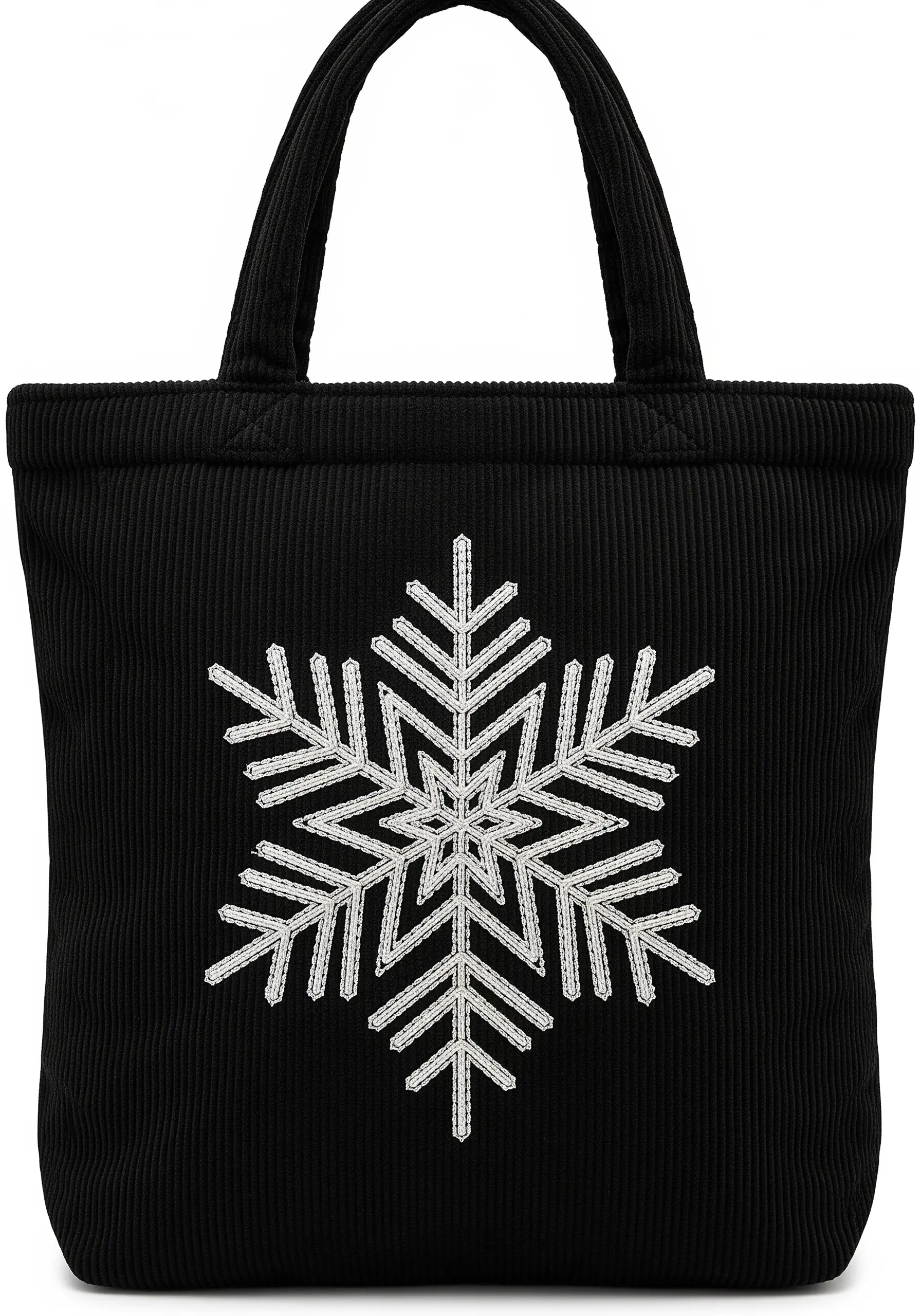 A large, intricate snowflake embroidered in white and silver beads on a black corduroy tote bag.