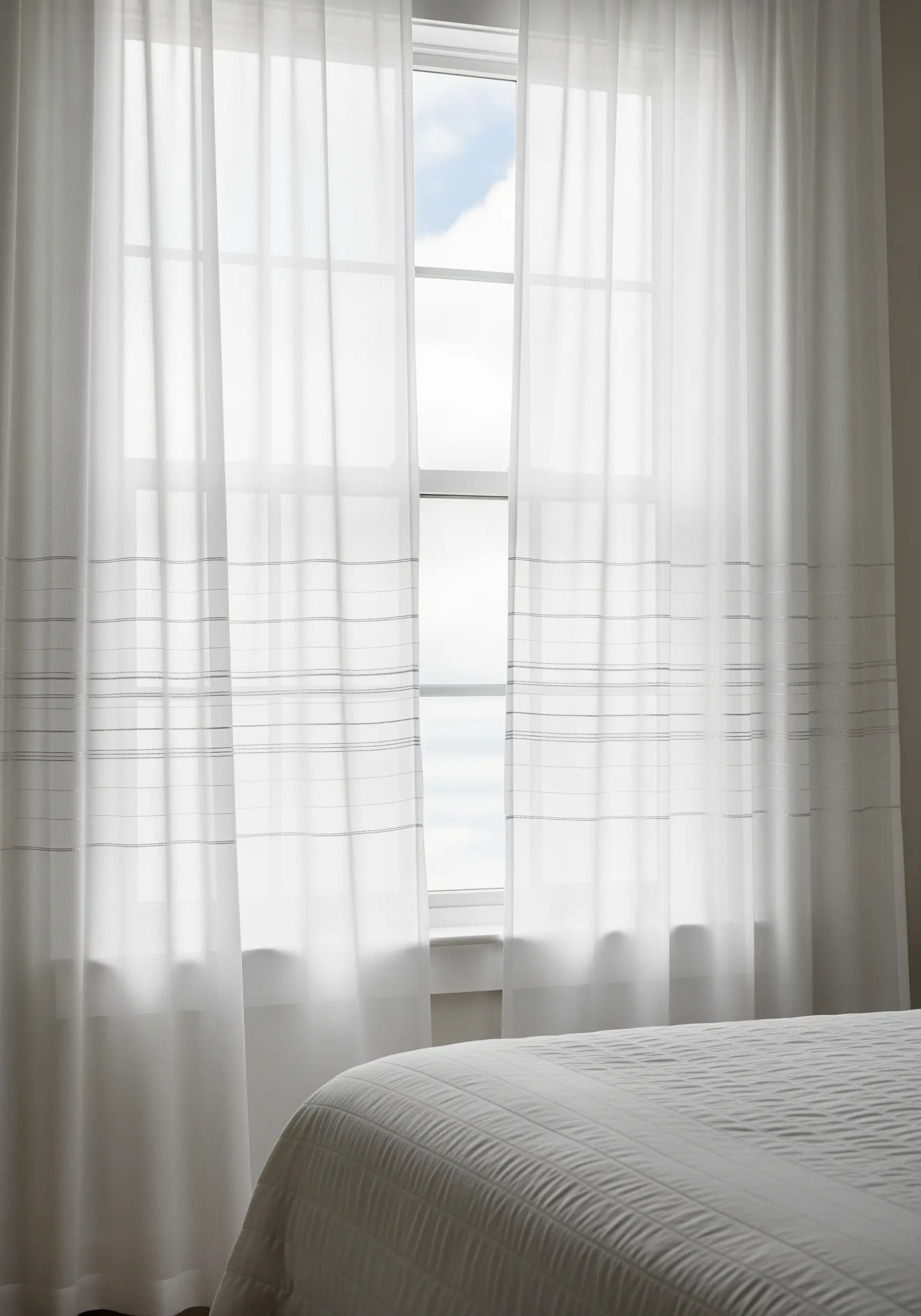 Sheer white curtains with subtle horizontal bands of grey running stitch embroidery.
