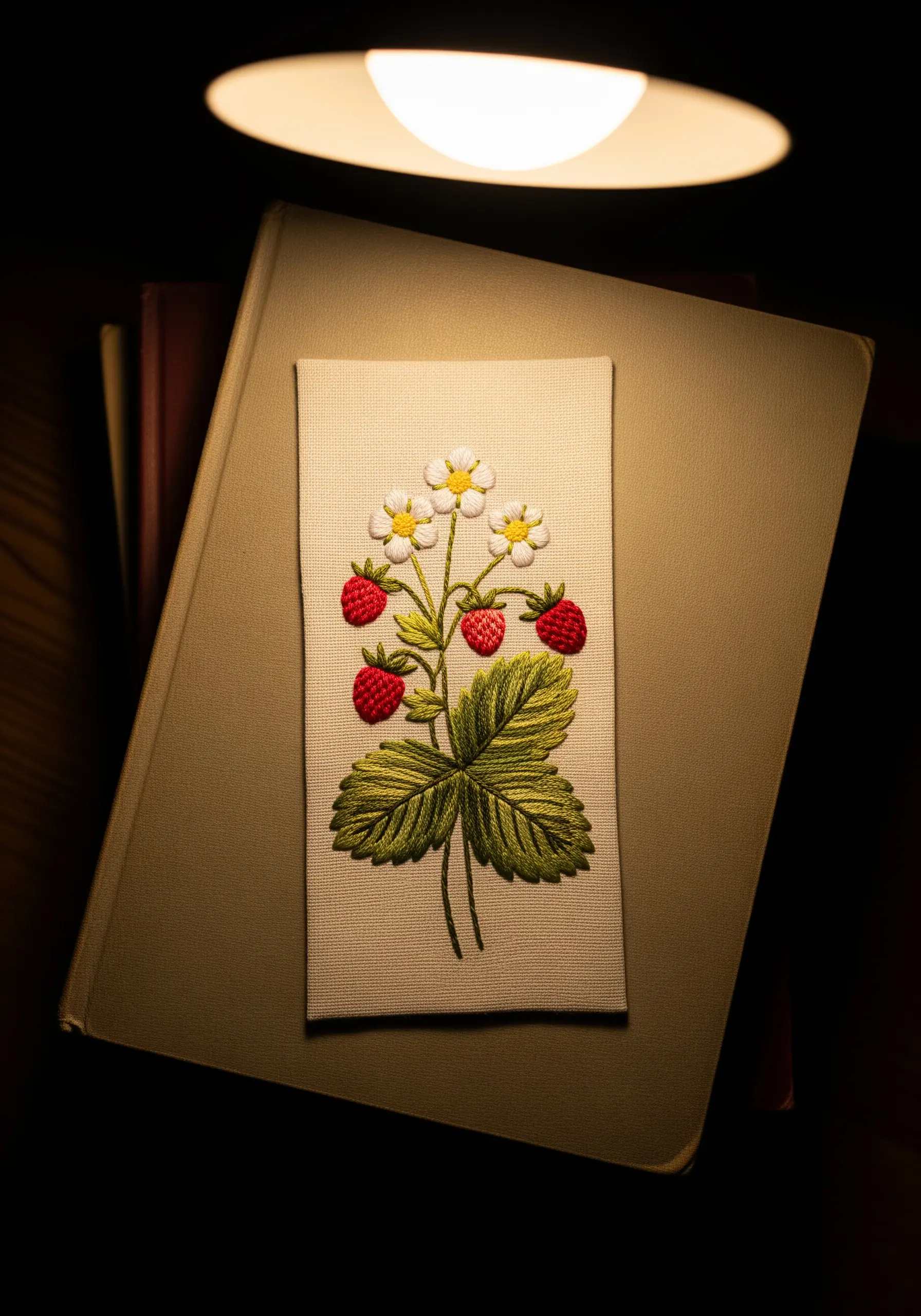 An embroidered strawberry plant with detailed green leaves and red berries on a linen bookmark.