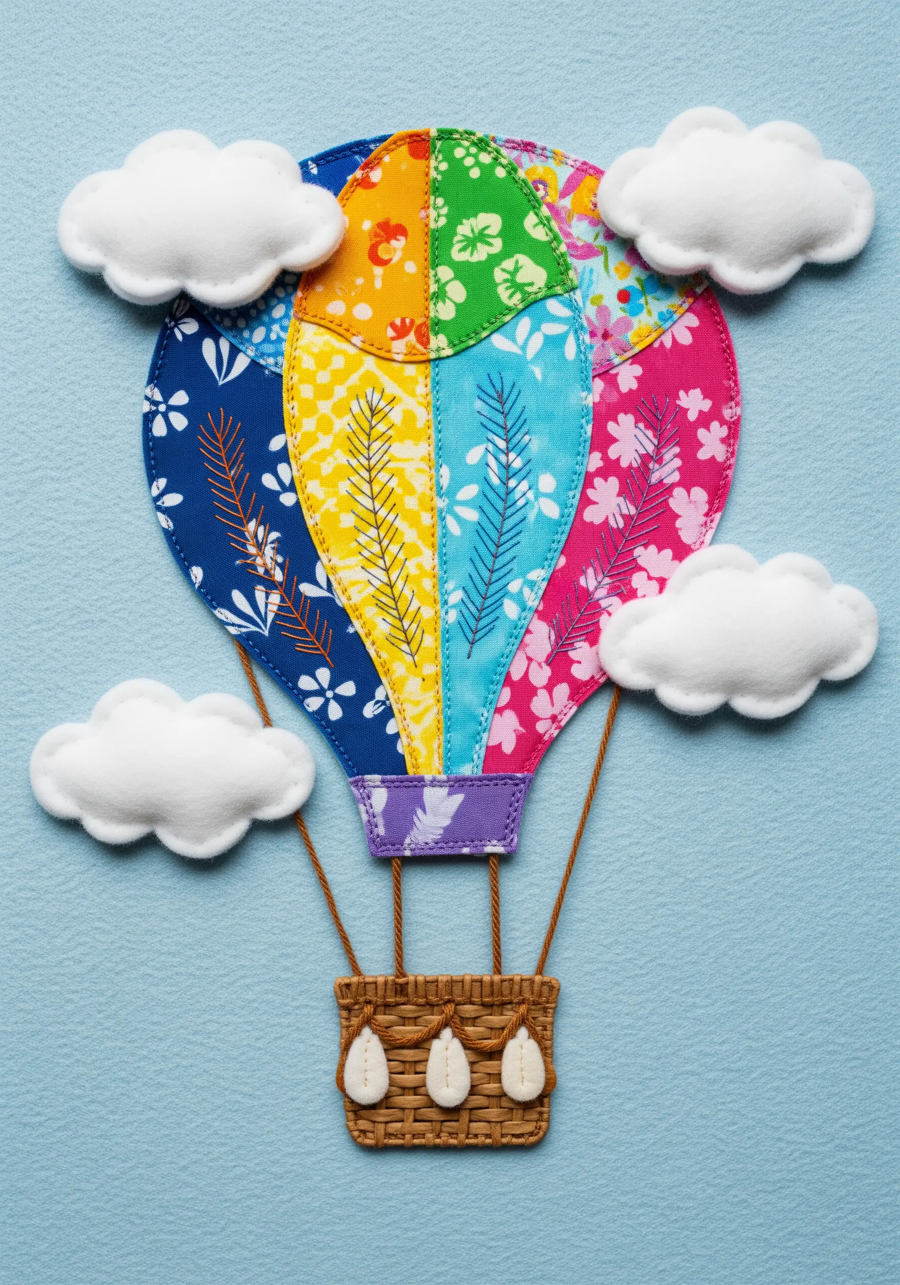 A patchwork hot air balloon appliqué with delicate fern stitches on its fabric panels