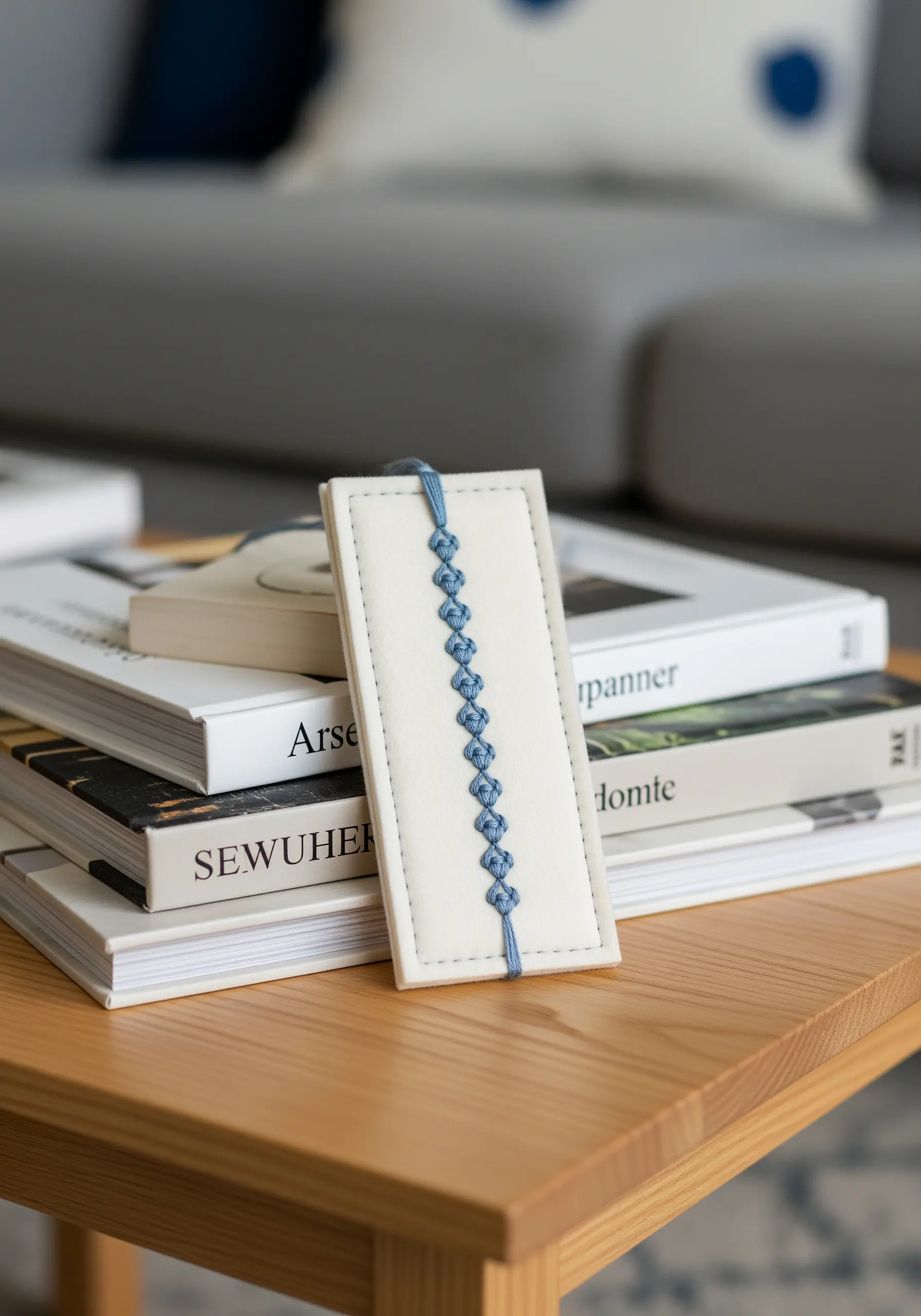 A handmade bookmark with a central spine of blue Chinese knot stitches on cream fabric.