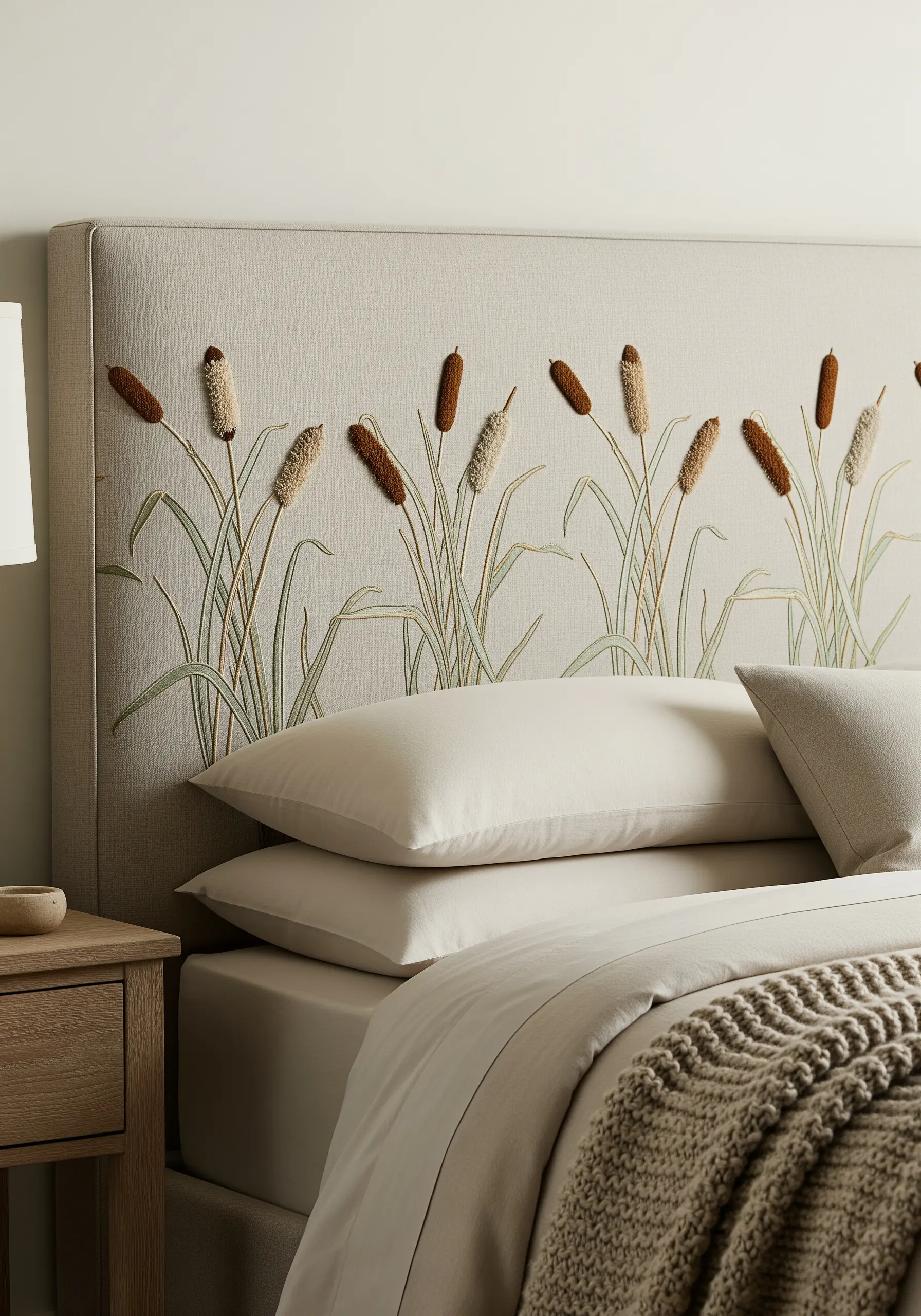 A neutral upholstered headboard embroidered with tall cattails featuring plush, 3D tops.