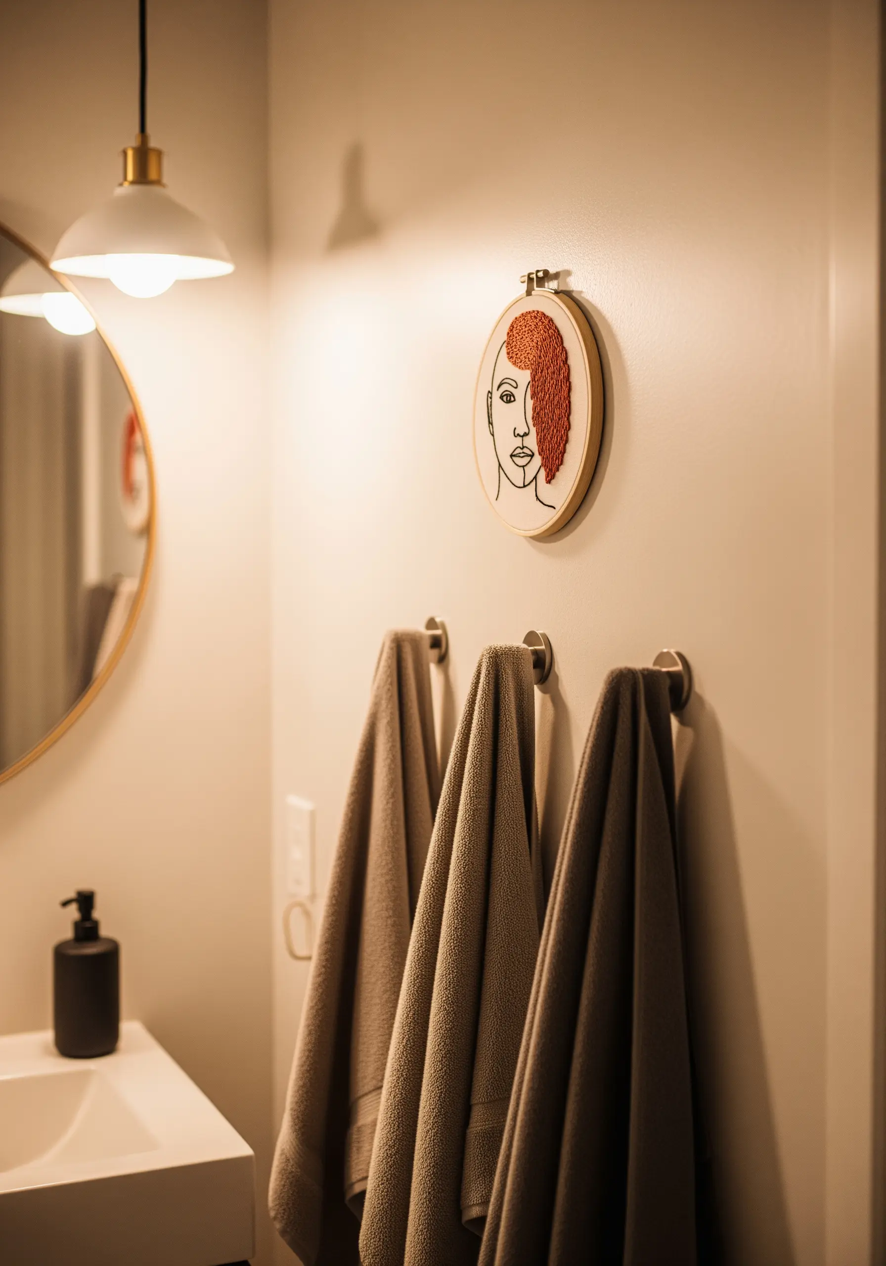 Embroidered line art portrait with the hair filled in with a dense terracotta seed stitch.