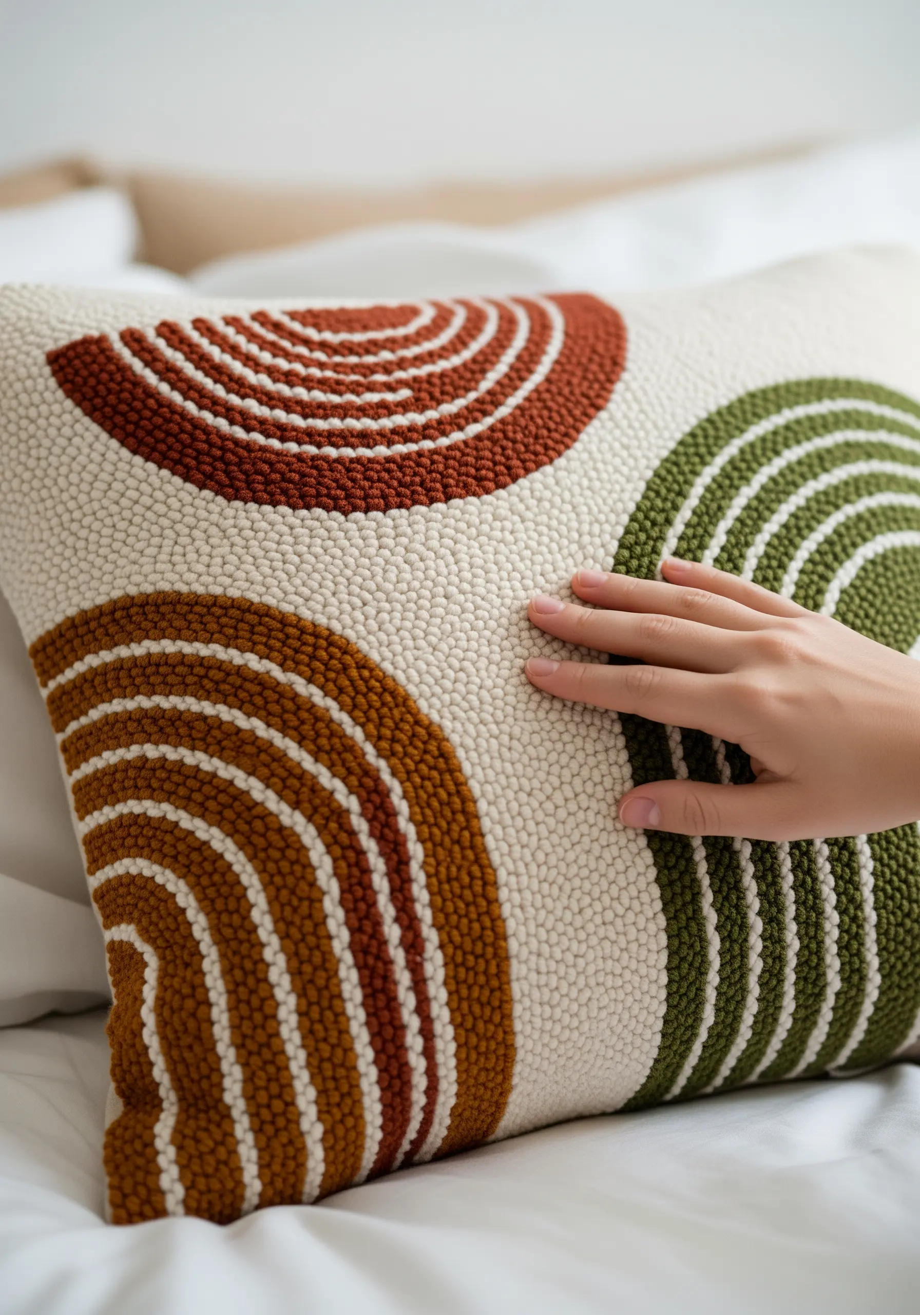 A hand touching a cream-colored punch needle pillow with abstract semi-circles in earth tones.