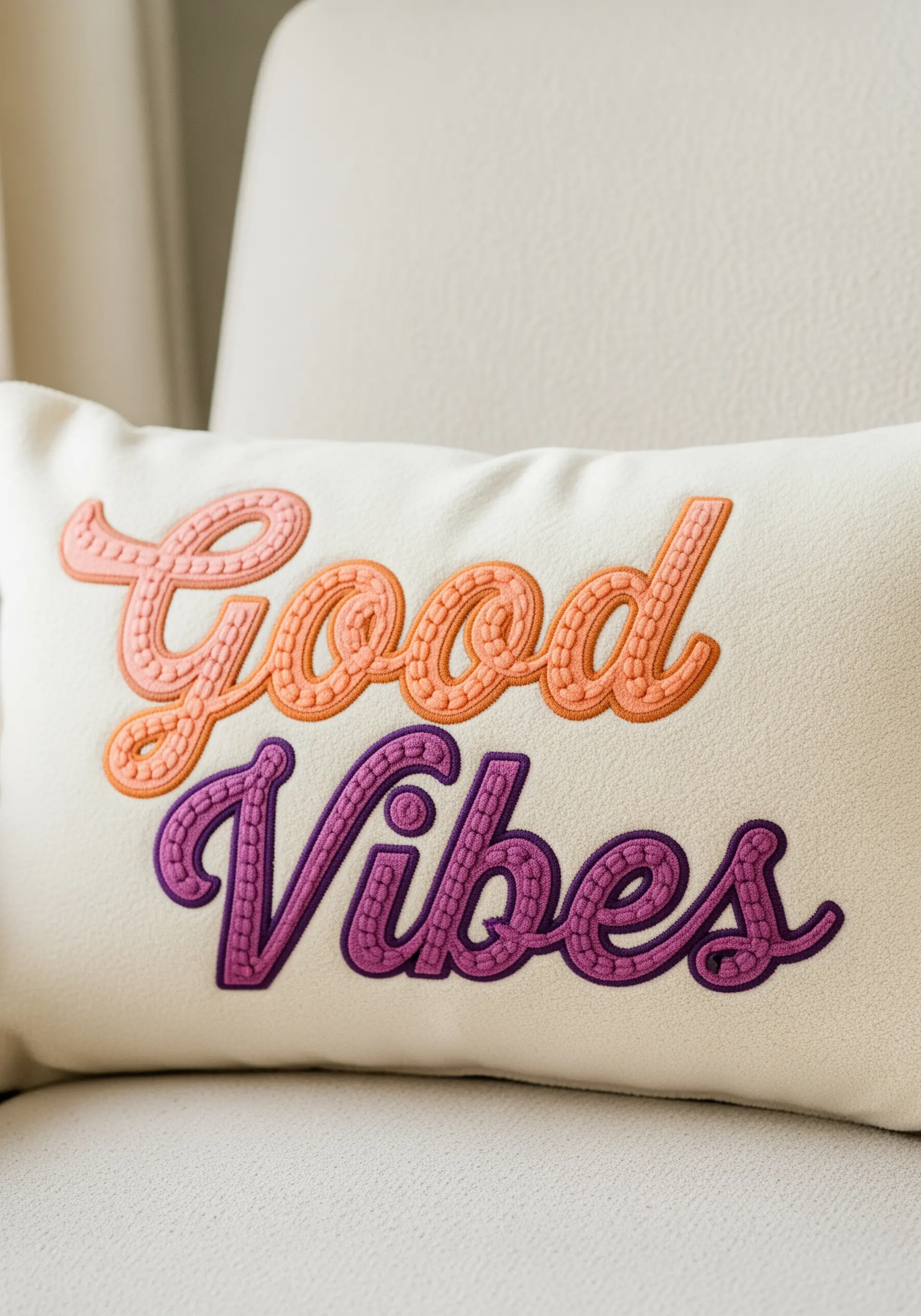 The words 'Good Vibes' embroidered with a textured, raised chain stitch fill.