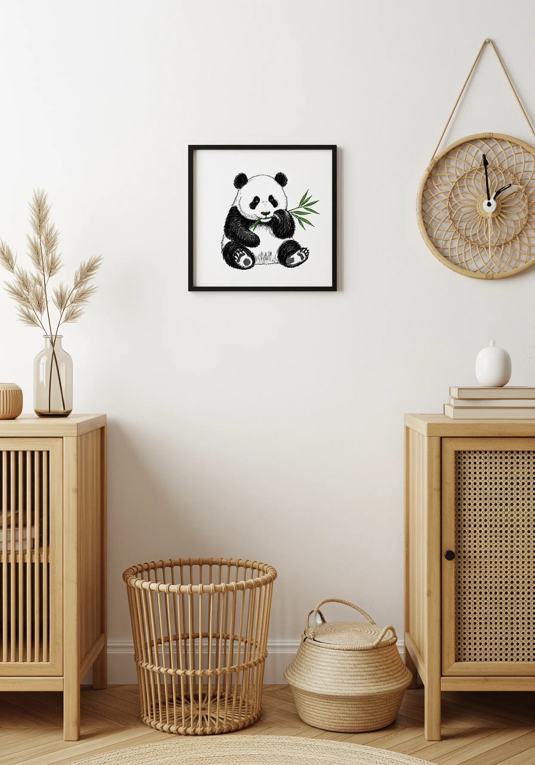 A framed embroidery of a panda eating bamboo, with fluffy texture created by French knots.