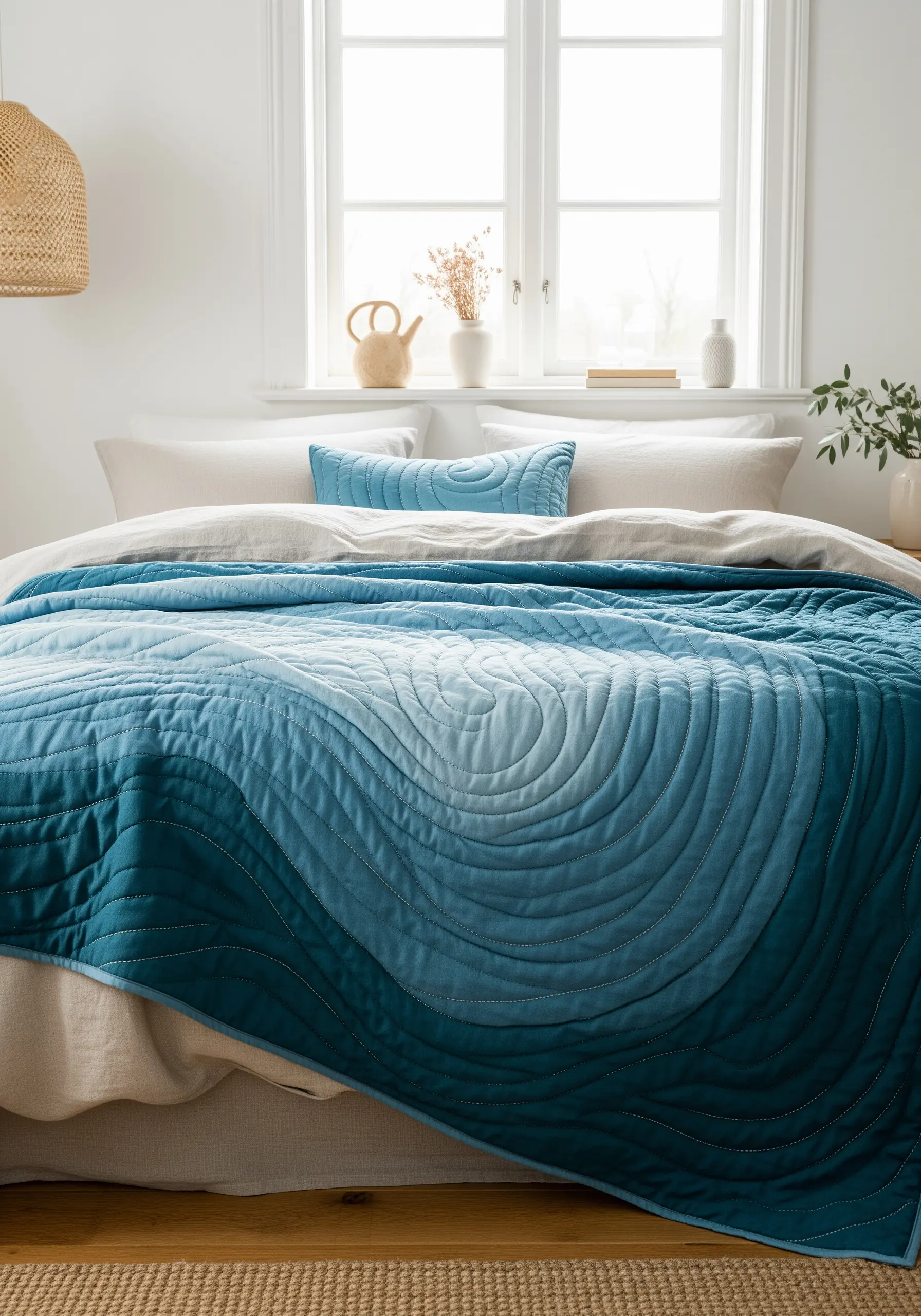 A blue gradient quilt with swirling, contoured stitching that mimics ocean waves.