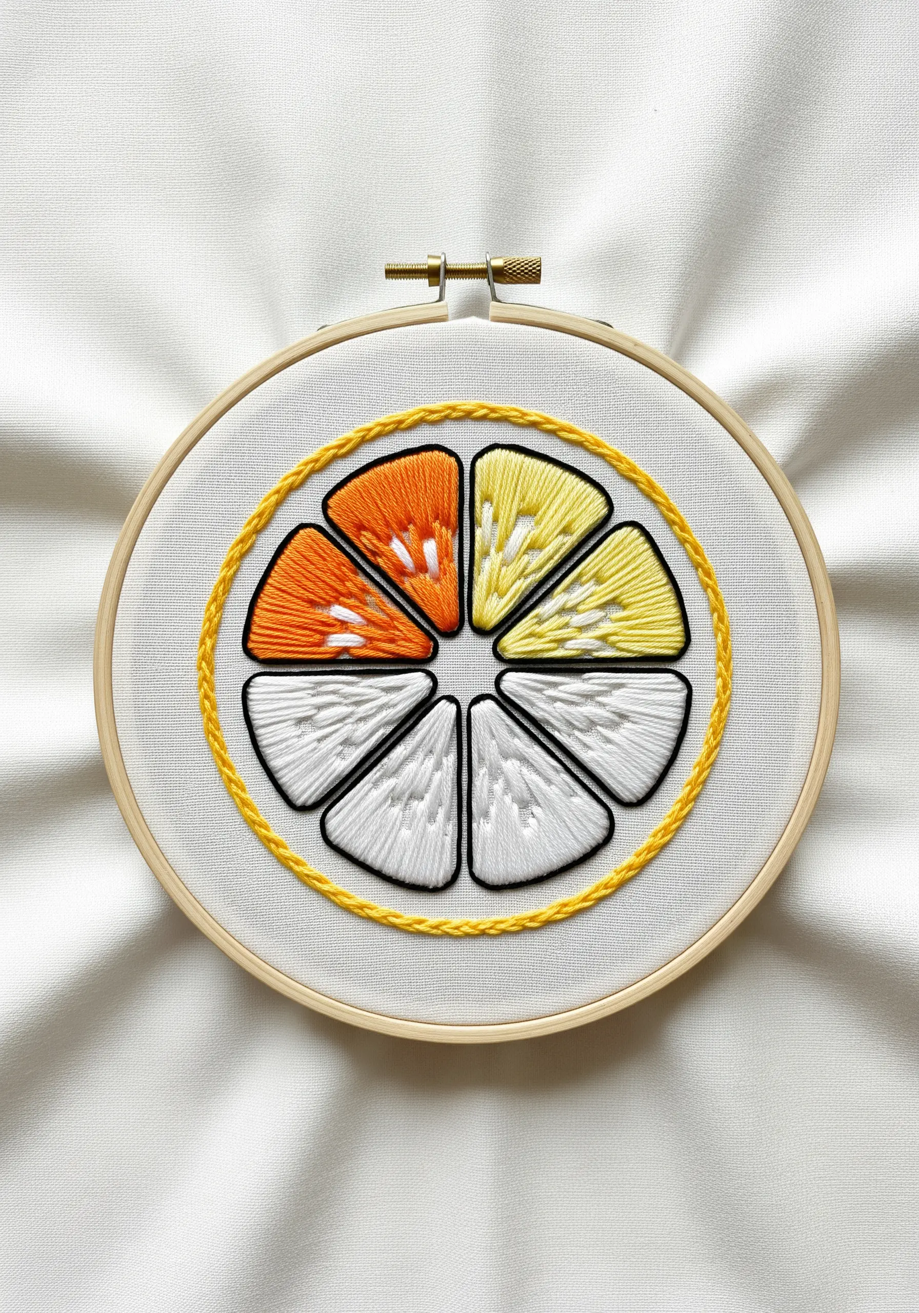 Embroidered citrus slice with segments of satin stitch in different directions.