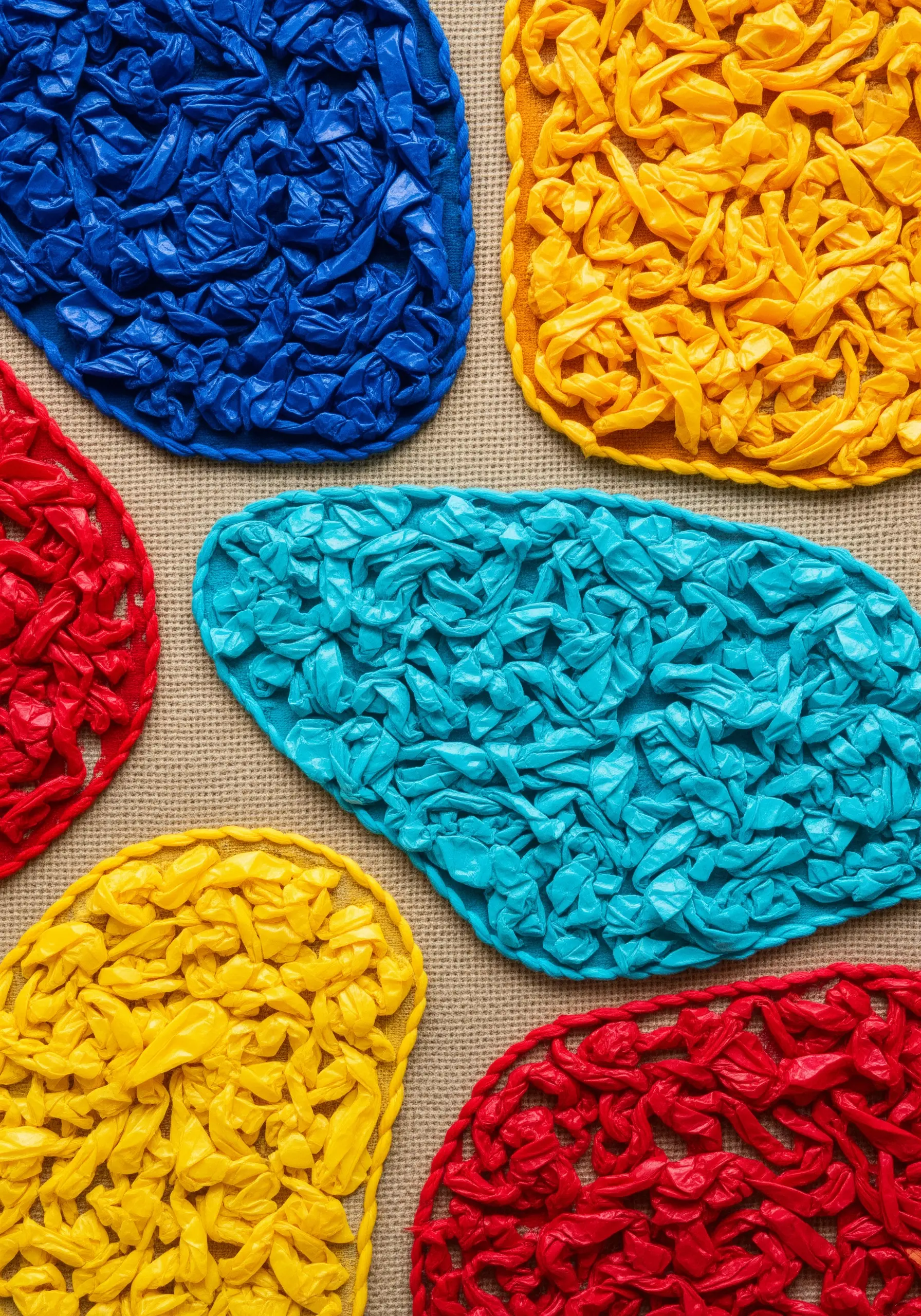 Abstract shapes filled with colorful, crinkled textures made from upcycled plastic.