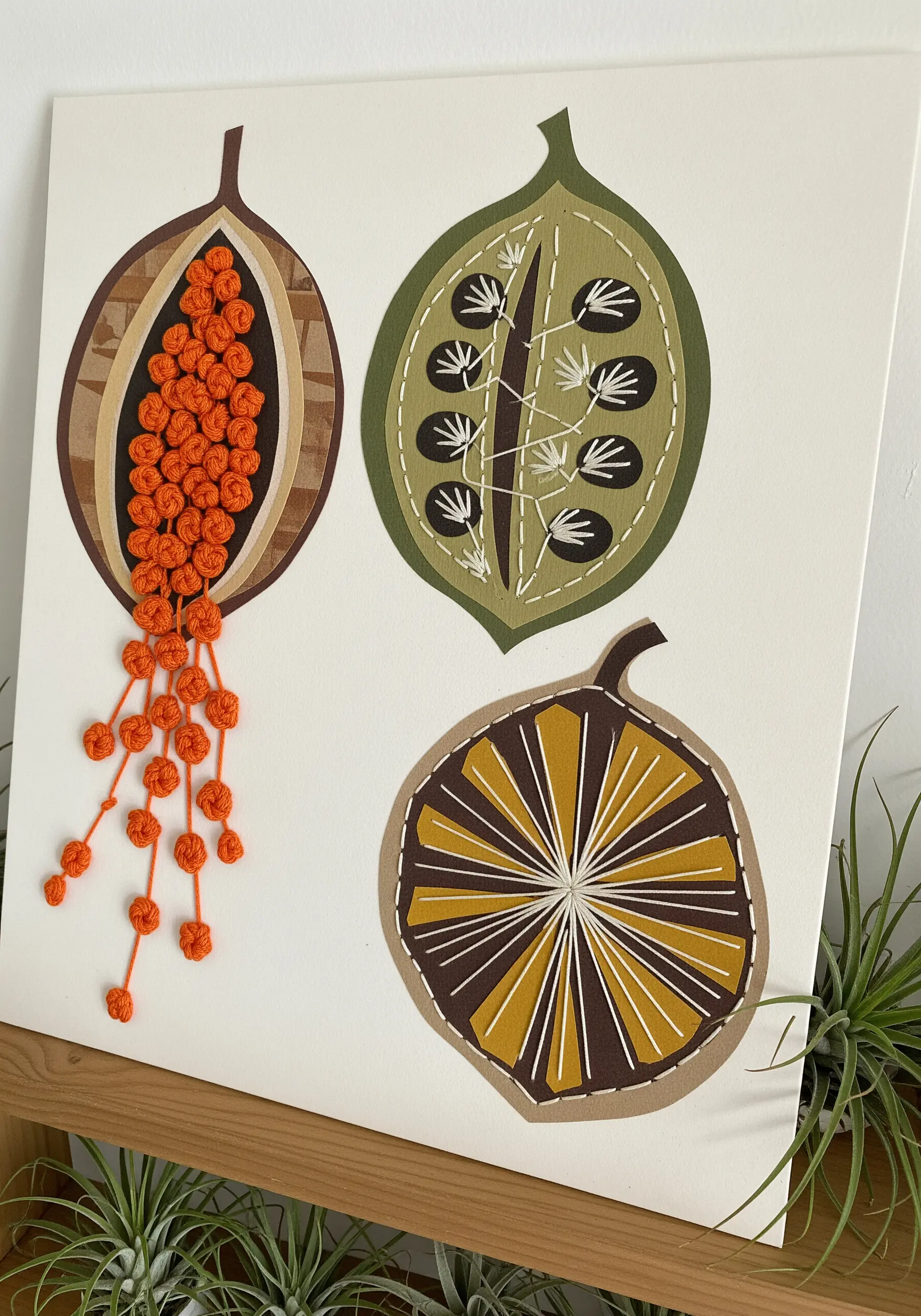 A botanical collage where one seed pod is filled with dimensional orange French knots spilling out.