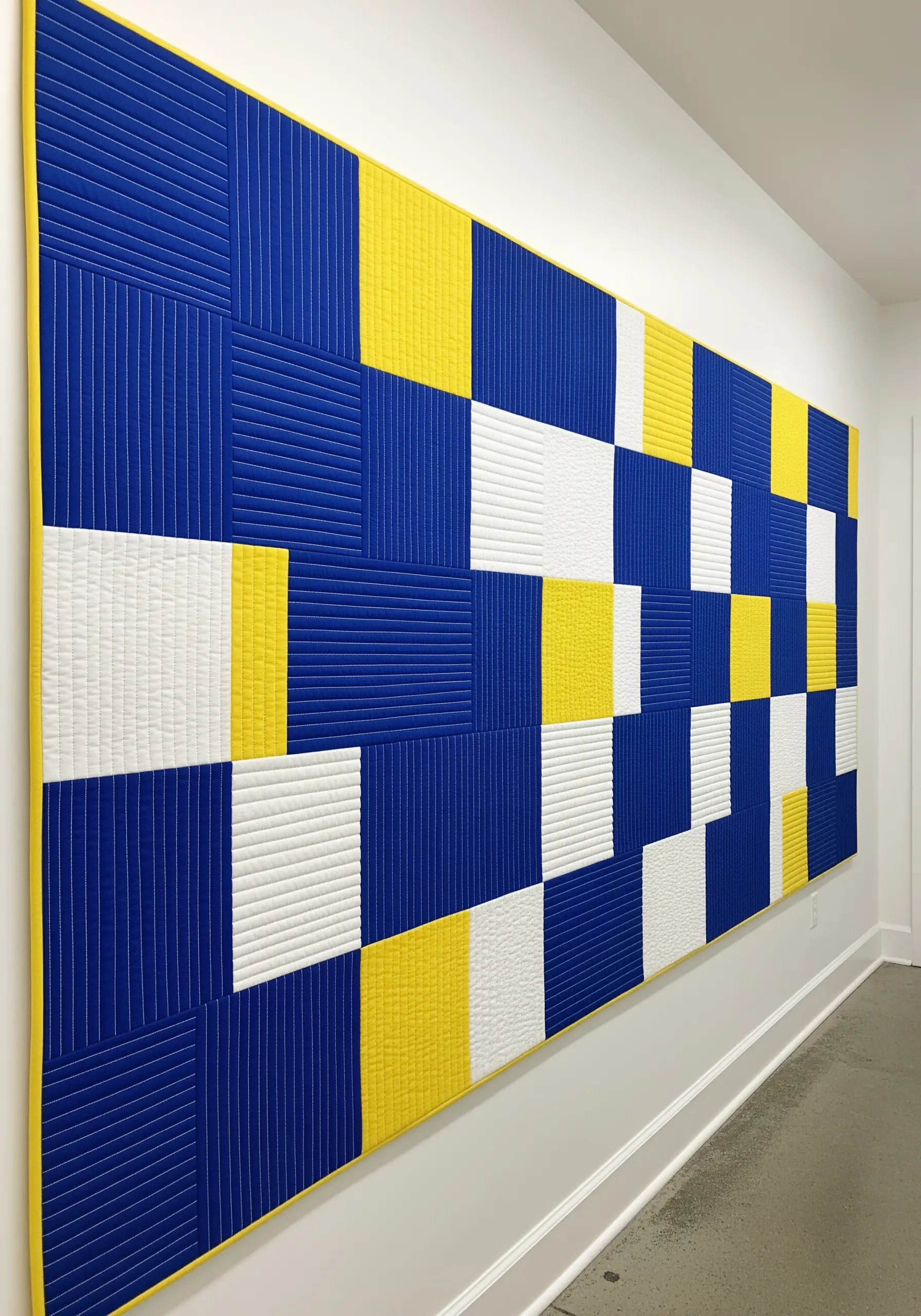 A large, modern quilt with geometric blocks of blue, yellow, and white, textured with dense straight-line quilting.