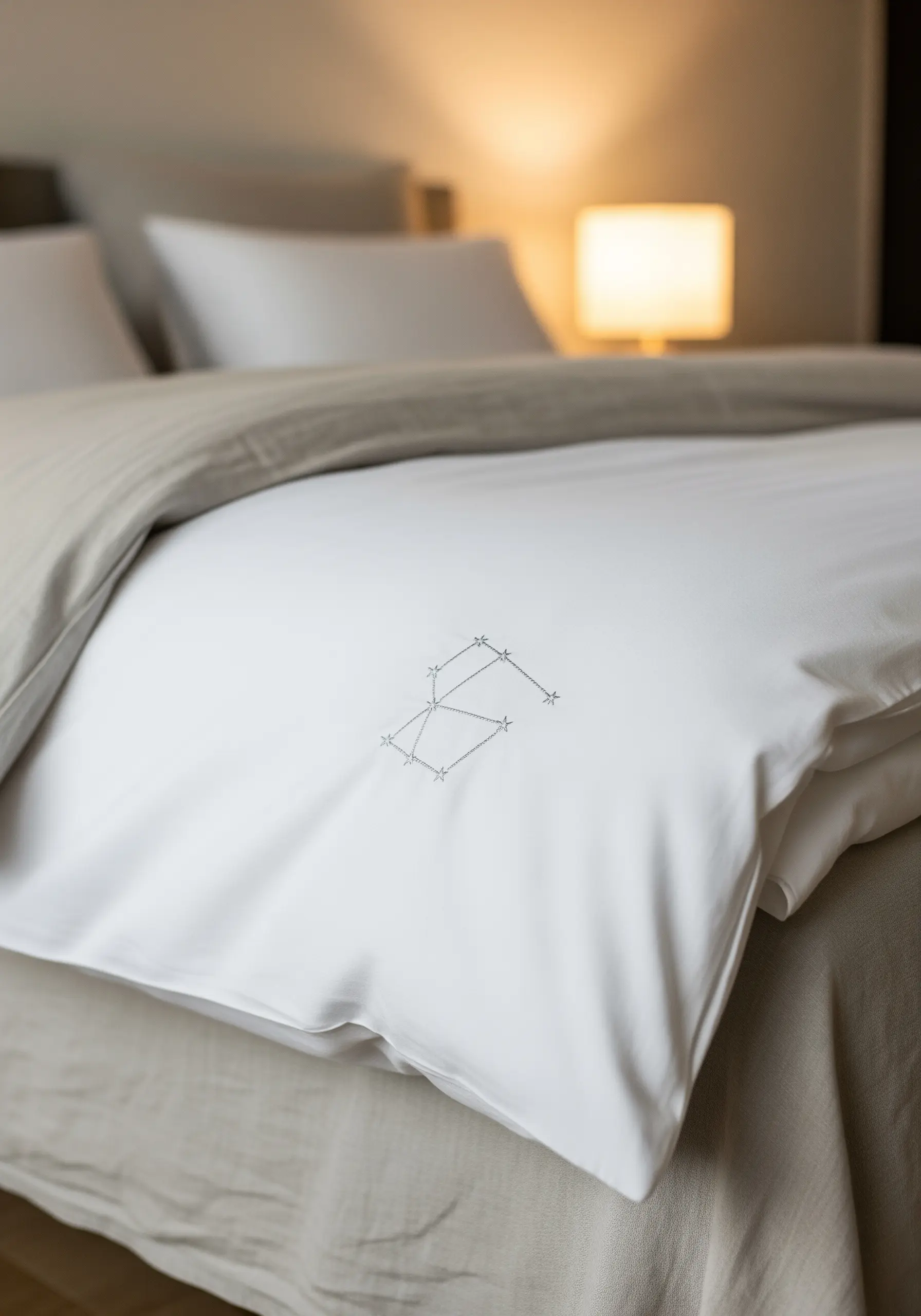 A subtle grey embroidered constellation design on the corner of a crisp white duvet cover.