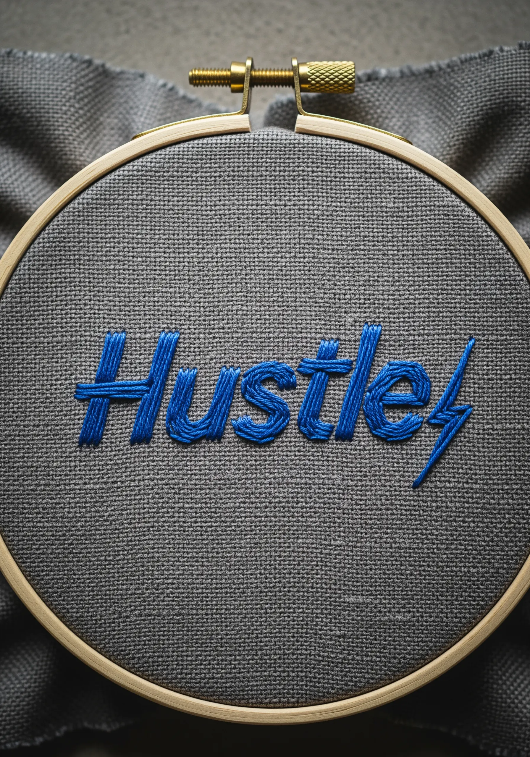 The word 'Hustle' in bold blue satin stitch with a lightning bolt accent.