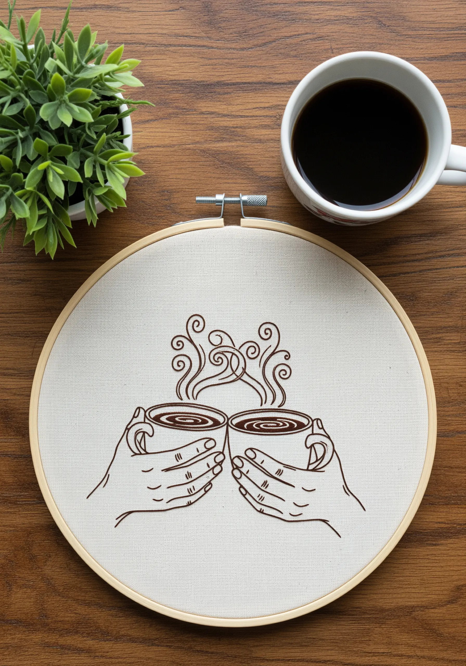 Line art embroidery of two hands holding coffee mugs, with swirling steam stitched above.