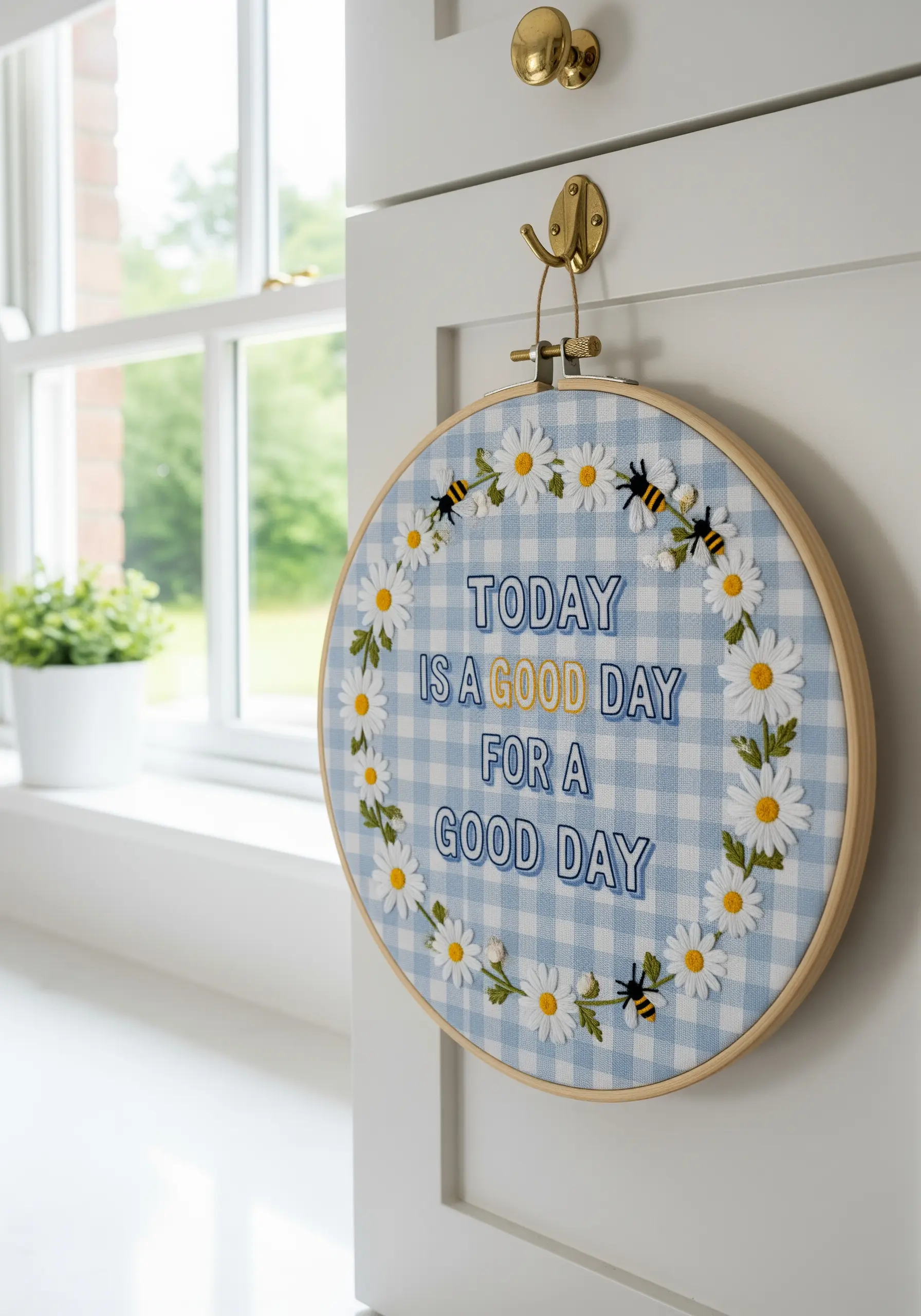 Inspirational quote embroidered on blue gingham fabric with a wreath of daisies and bees.