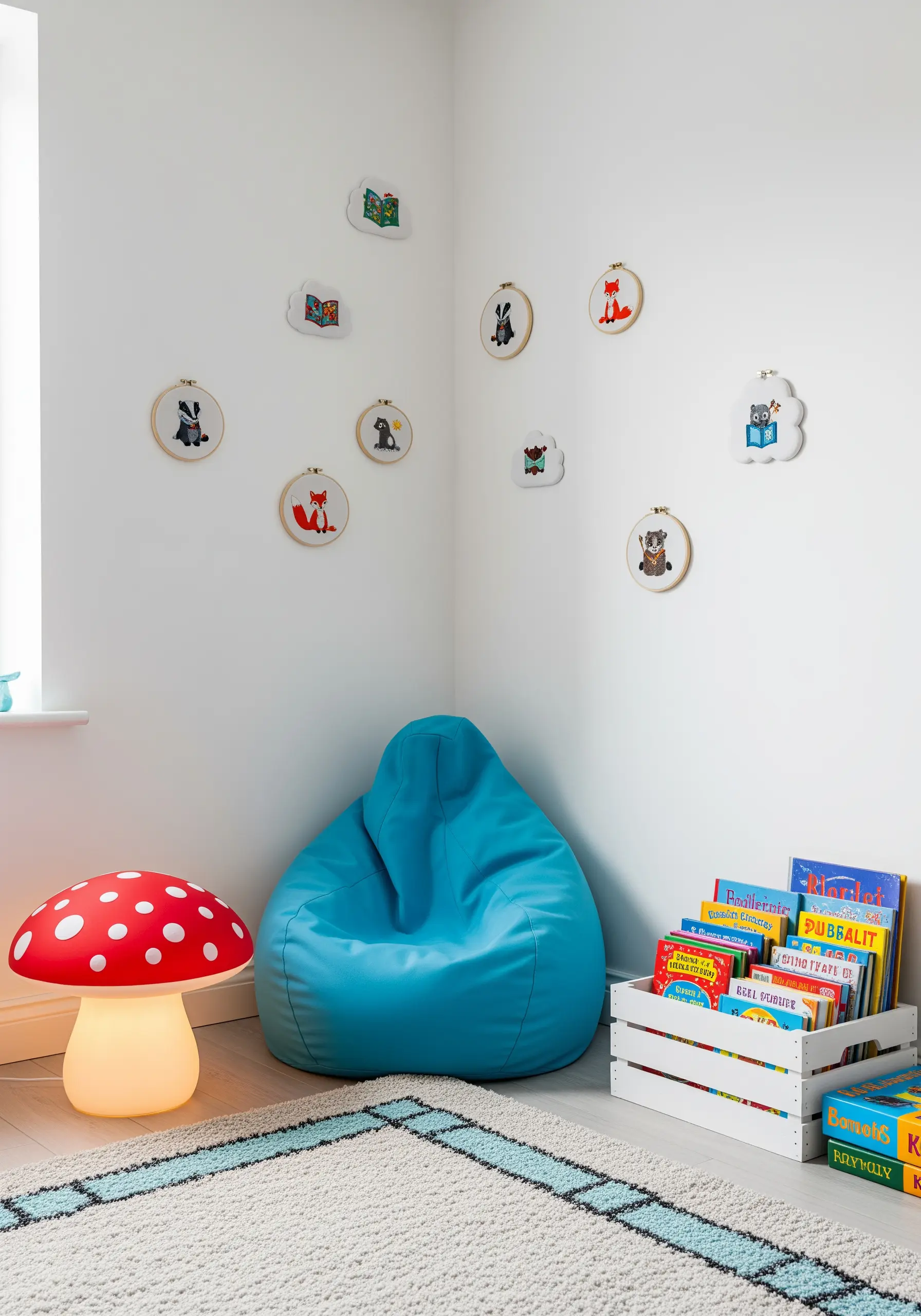 A scattered collection of small embroidery hoops featuring whimsical woodland animals for a kids' room.