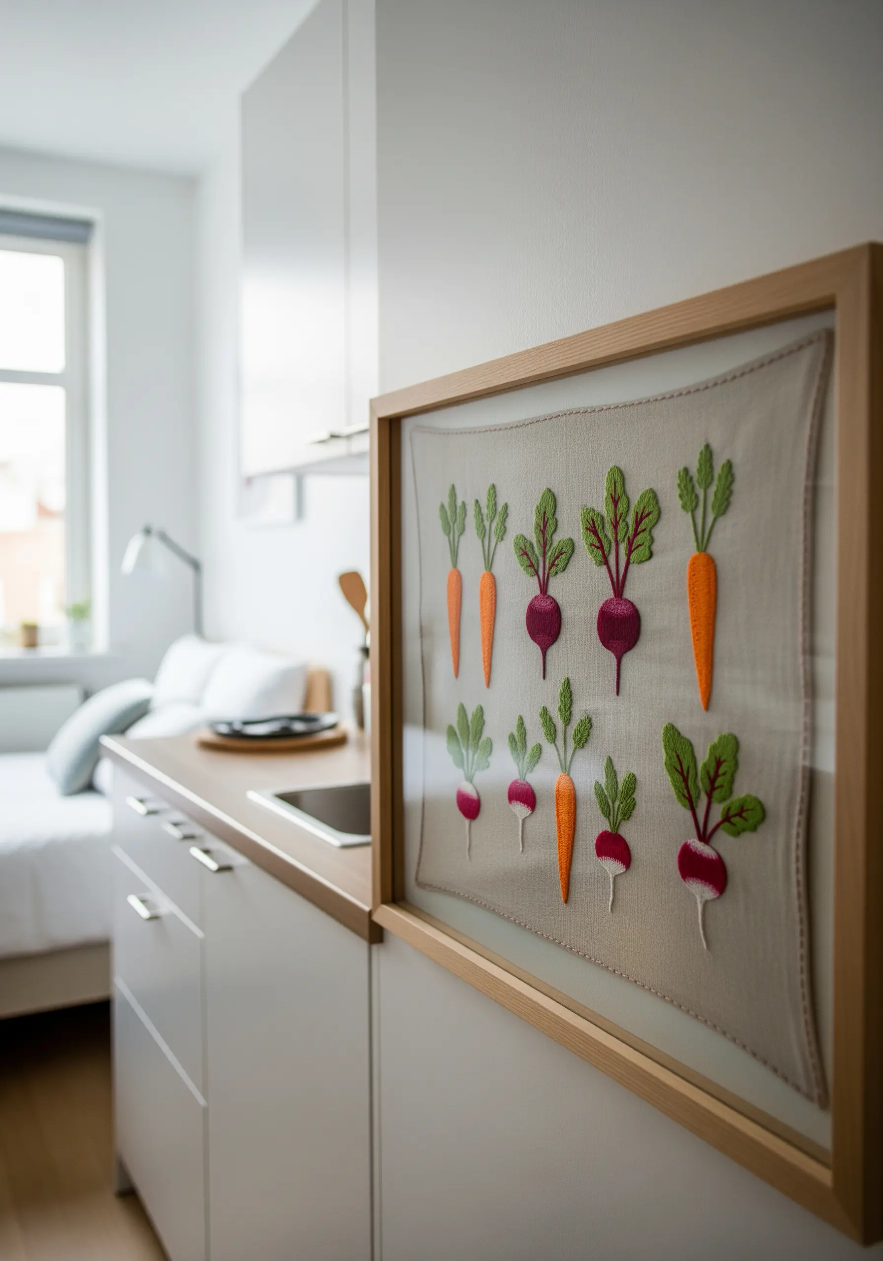 A framed embroidery sampler of carrots, beets, and radishes on linen fabric.