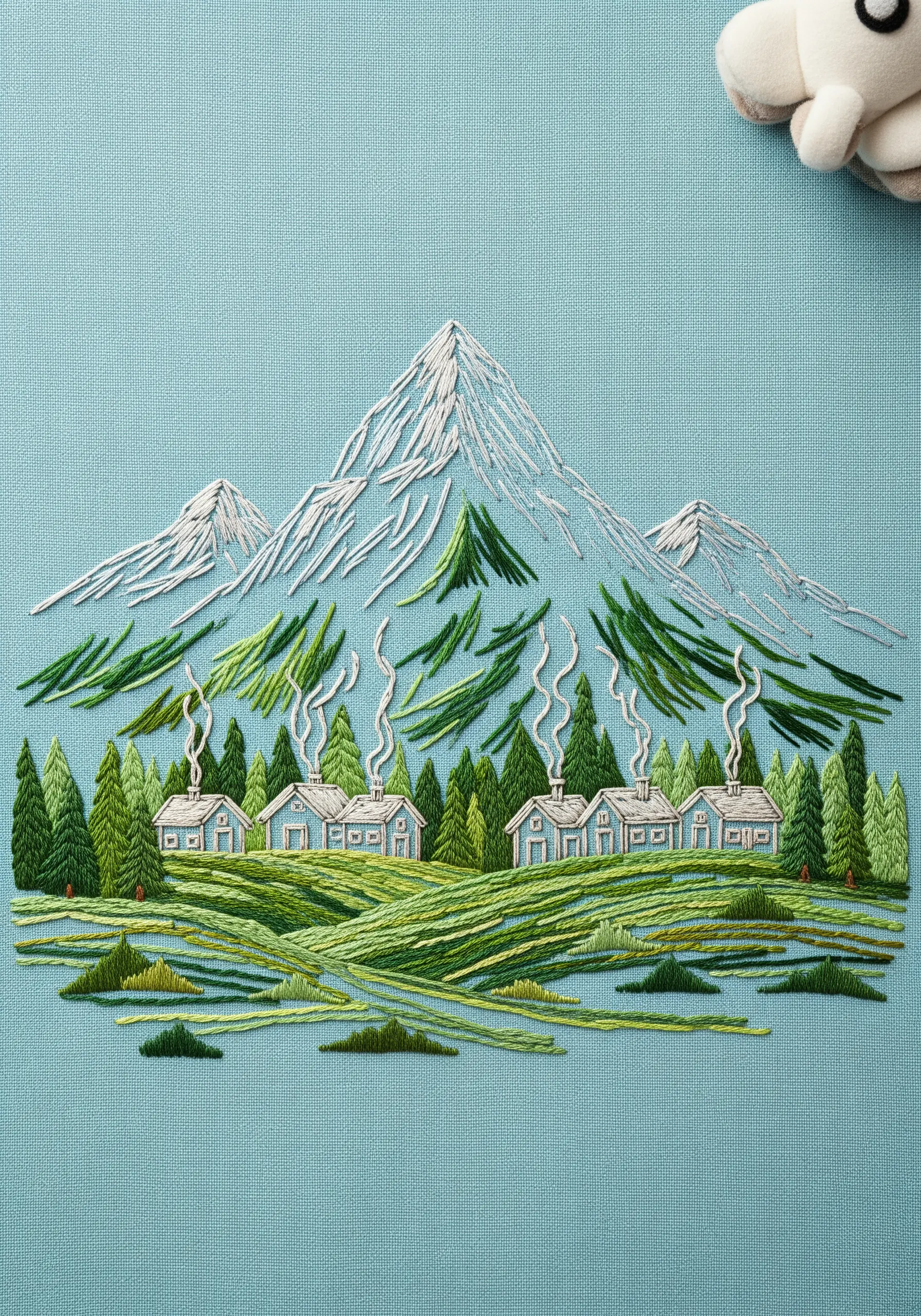 Whimsical embroidery of a mountain village with stylized trees and curly smoke.