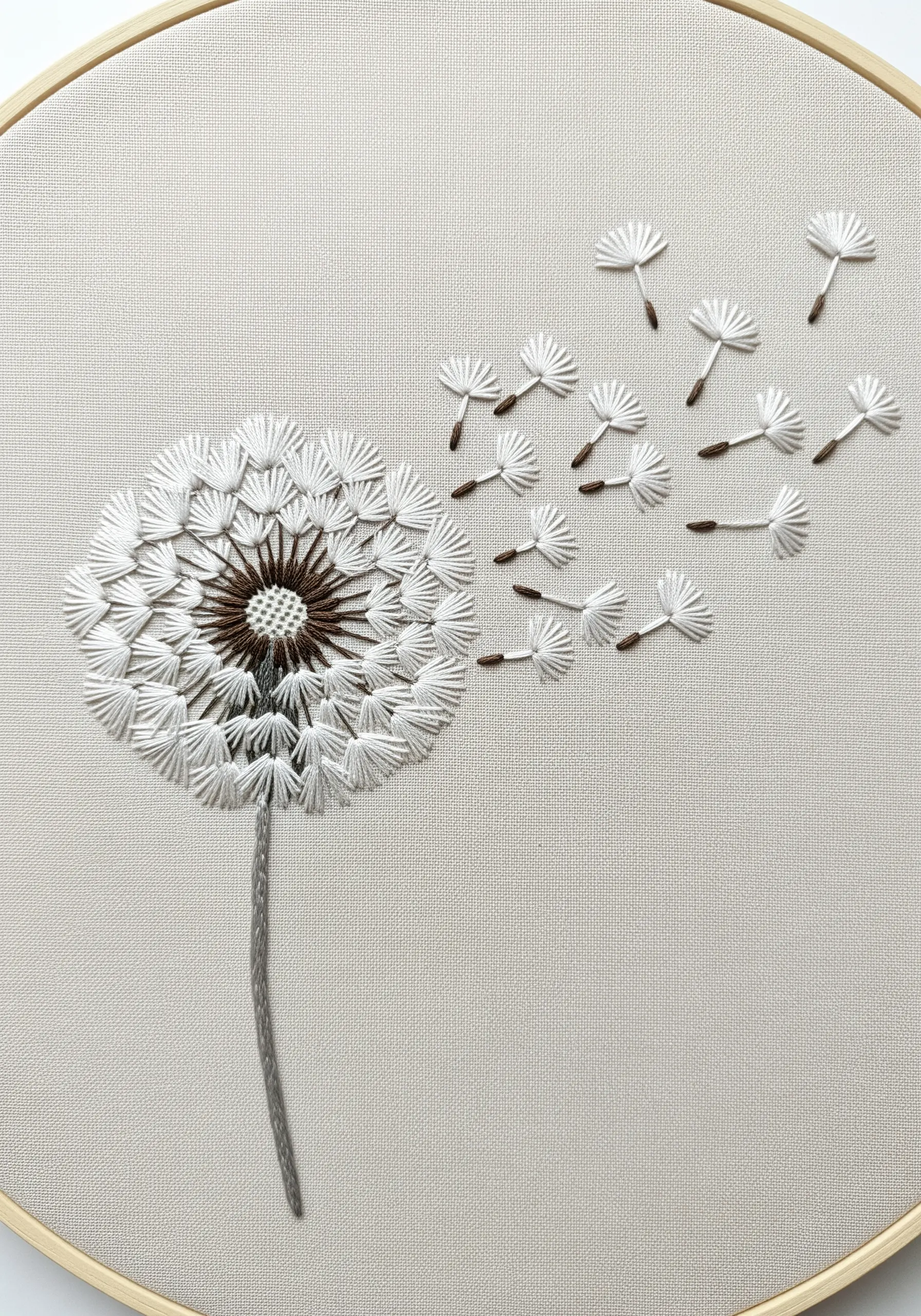 An embroidered dandelion head with tiny real pressed seeds floating away from it across the fabric.