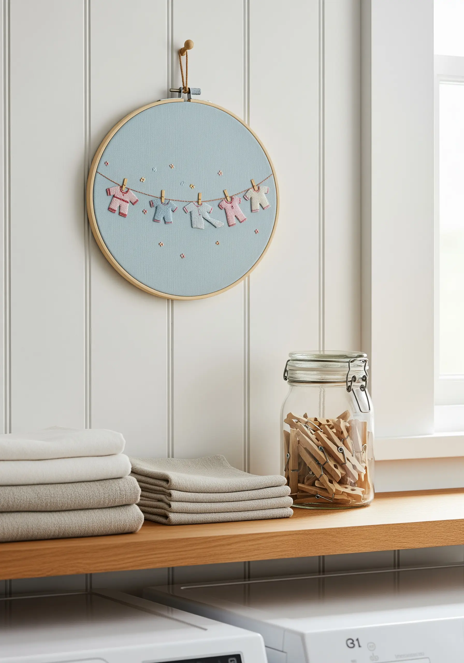 An embroidery hoop with a clothesline holding tiny, appliquéd fabric shirts.