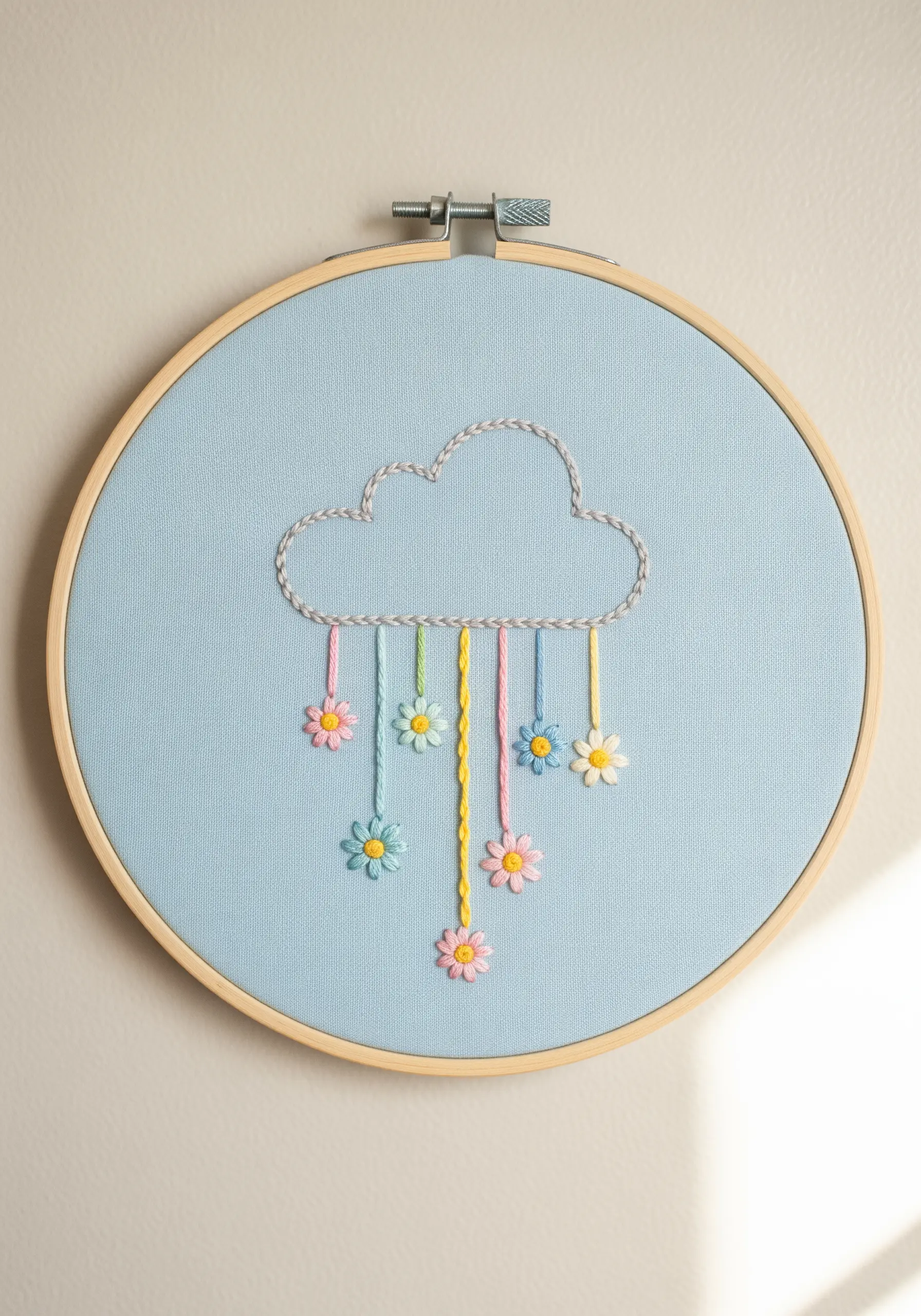 Embroidery of a cloud with colorful flower 'raindrops' hanging from threads on blue fabric.