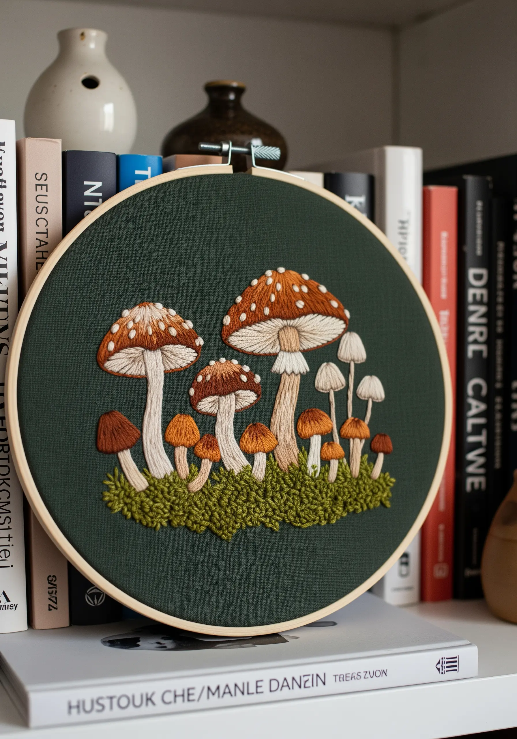Embroidery hoop art of detailed mushrooms on a mossy ground against dark green fabric.