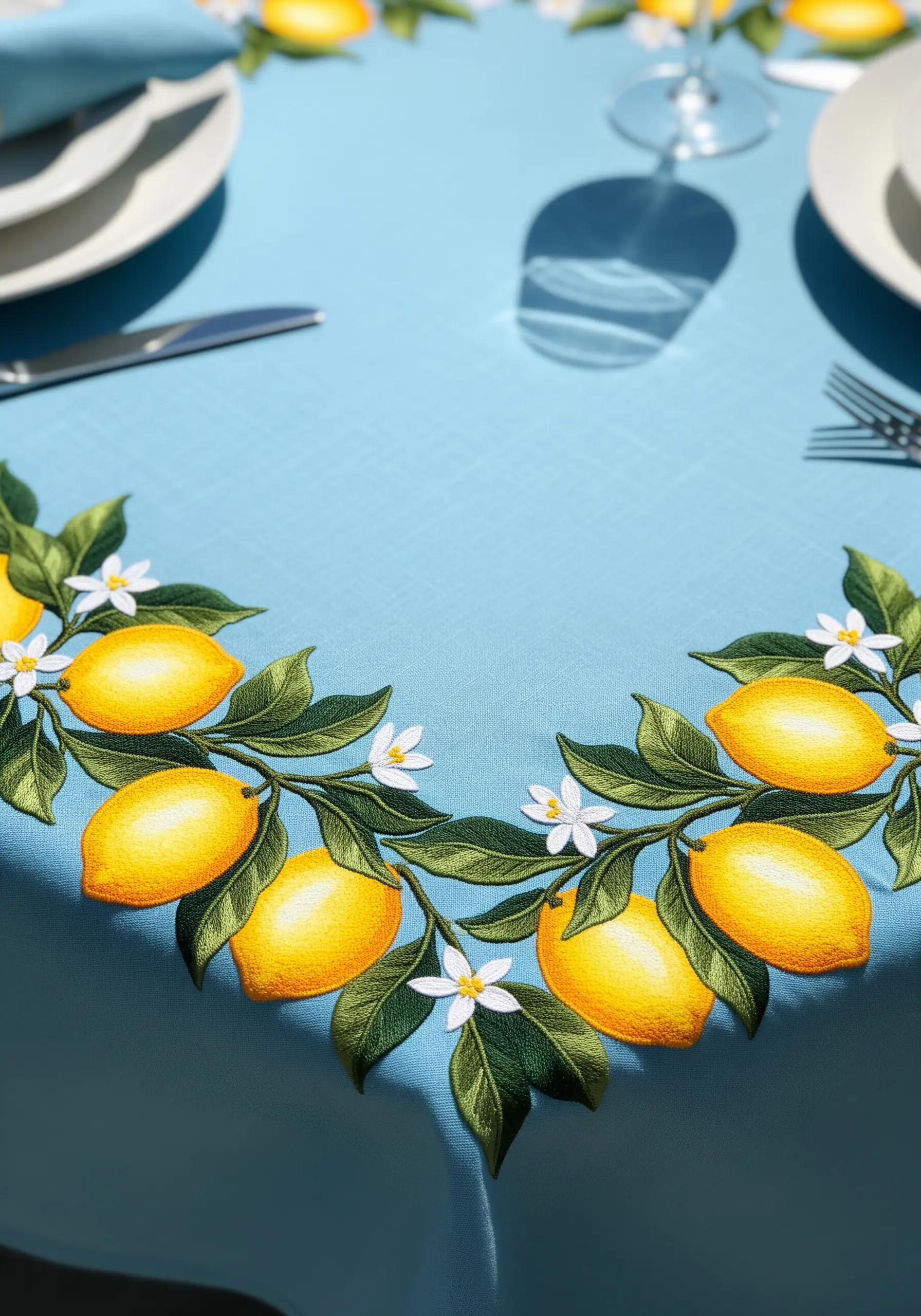 Vibrant lemon and blossom embroidery border on a bright blue tablecloth.