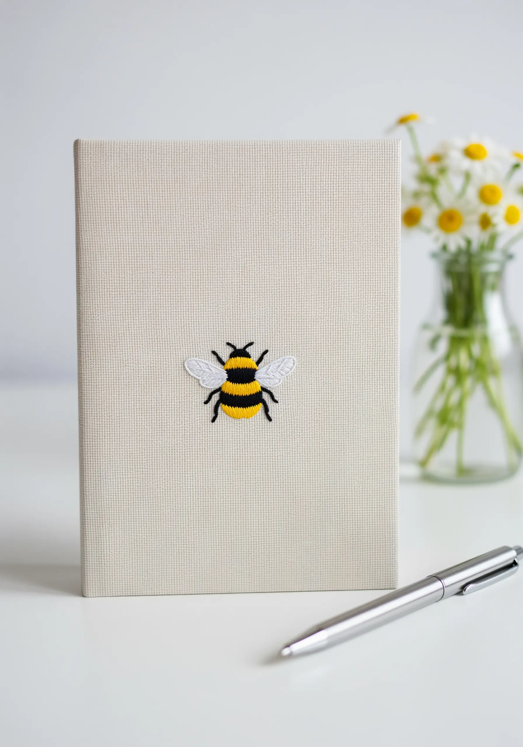 A small, detailed bee embroidered on the cover of a textured, cream-colored journal.