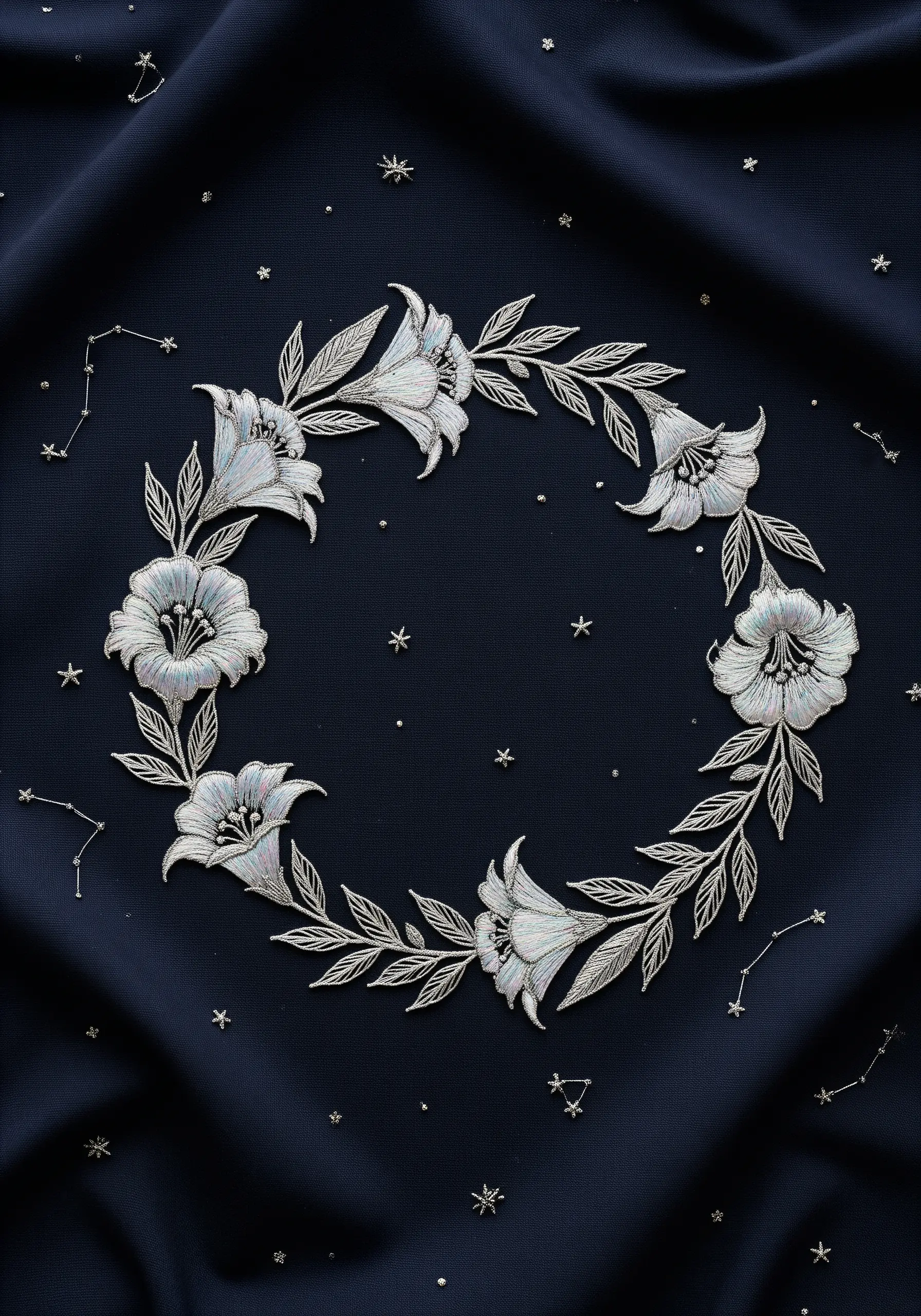 An elegant wreath of white lilies with silver metallic thread details on a dark navy fabric.