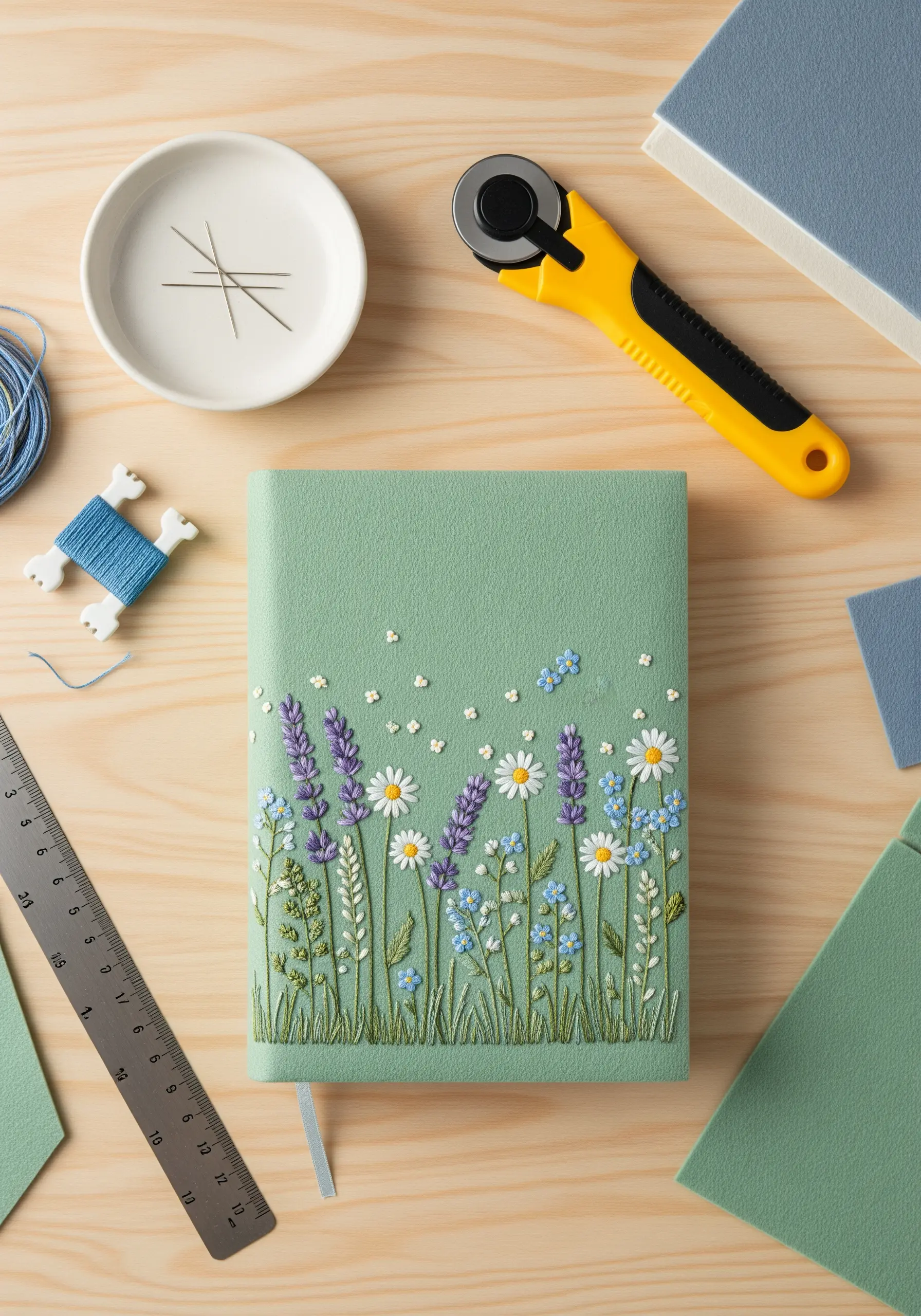 Embroidered wildflower meadow with lavender and daisies on a sage green journal cover.