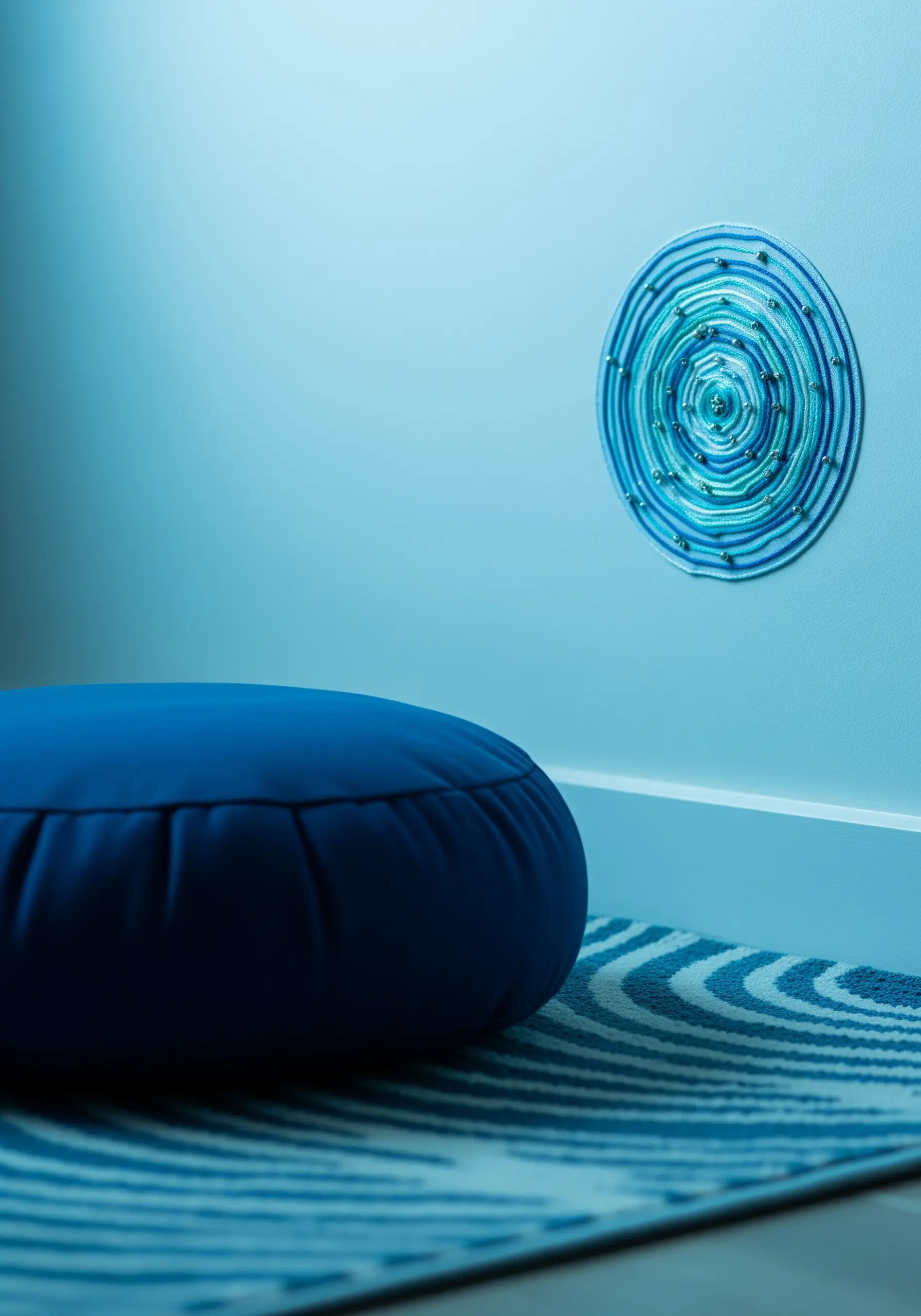 A blue circular mandala made of concentric rings of thread and beads.