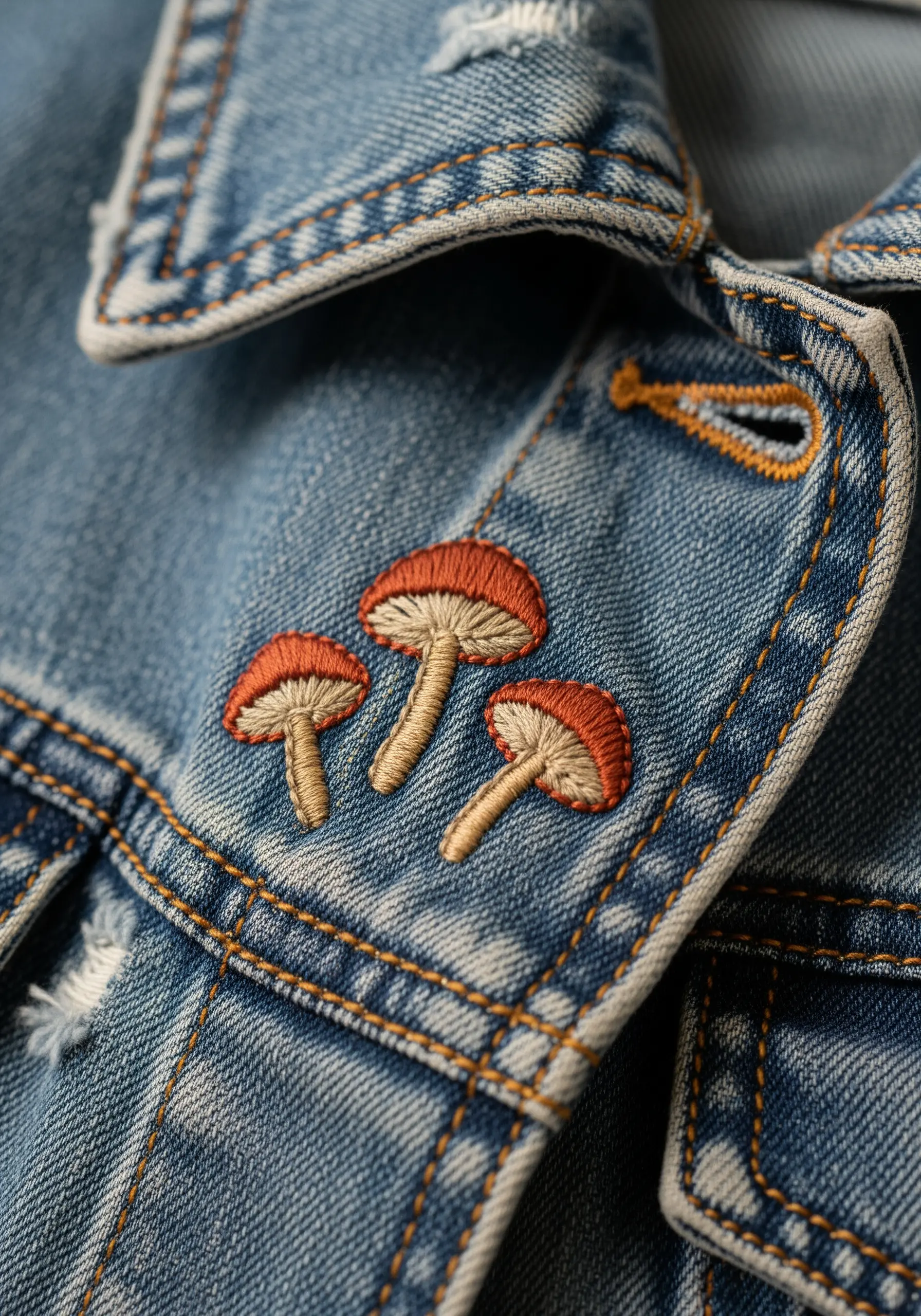 Three detailed mushrooms with orange-brown caps embroidered on a distressed denim jacket collar.