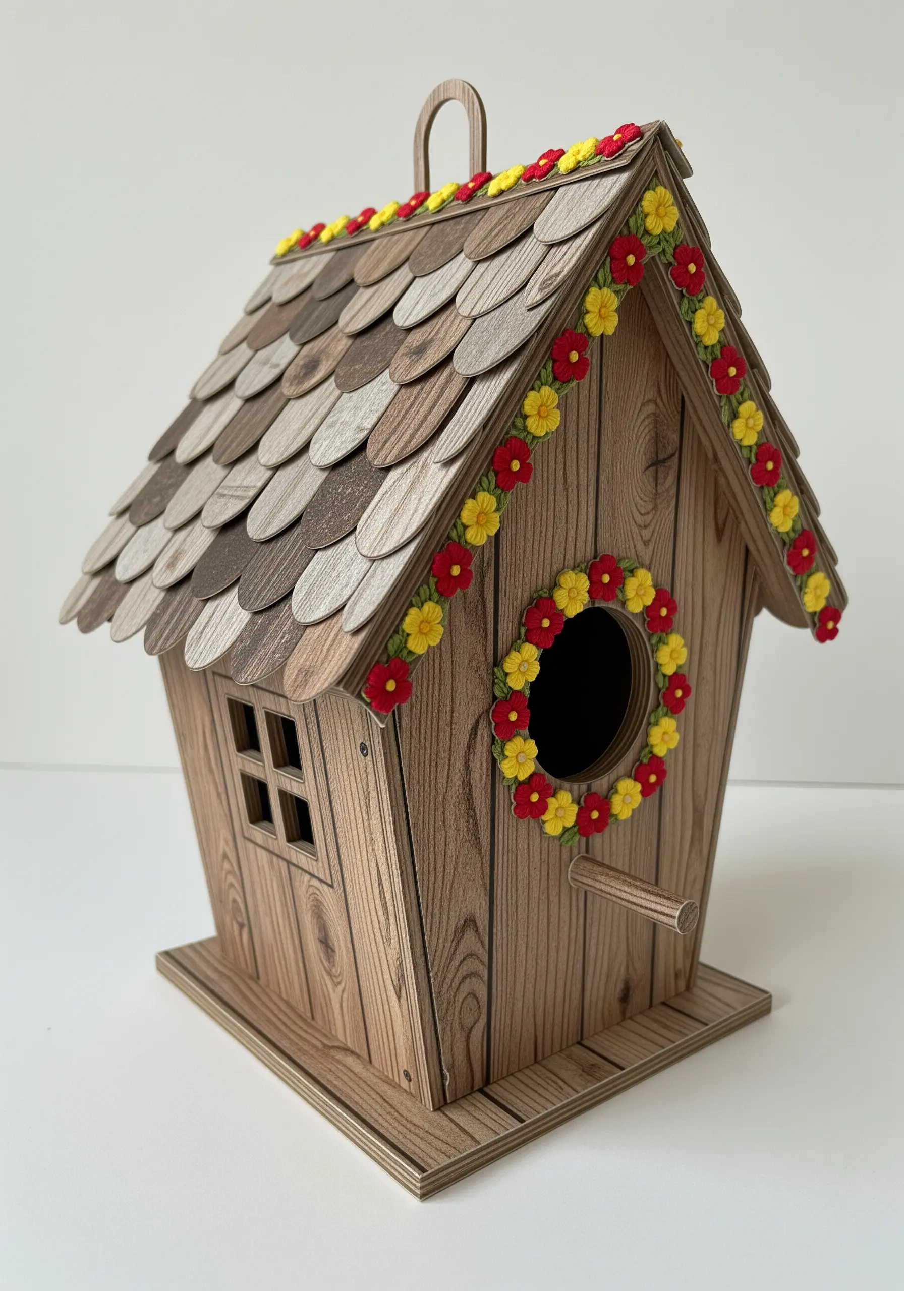 A 3D paper birdhouse decorated with tiny embroidered flower garlands.